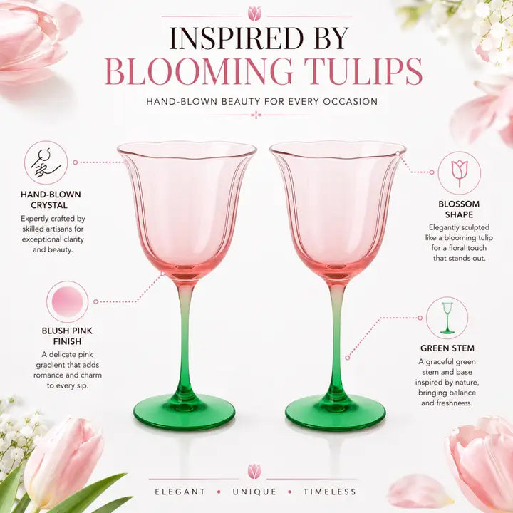 Khen Blossom Pink Tulip Wine Glasses Set of 2, Hand Blown Colored Crystal