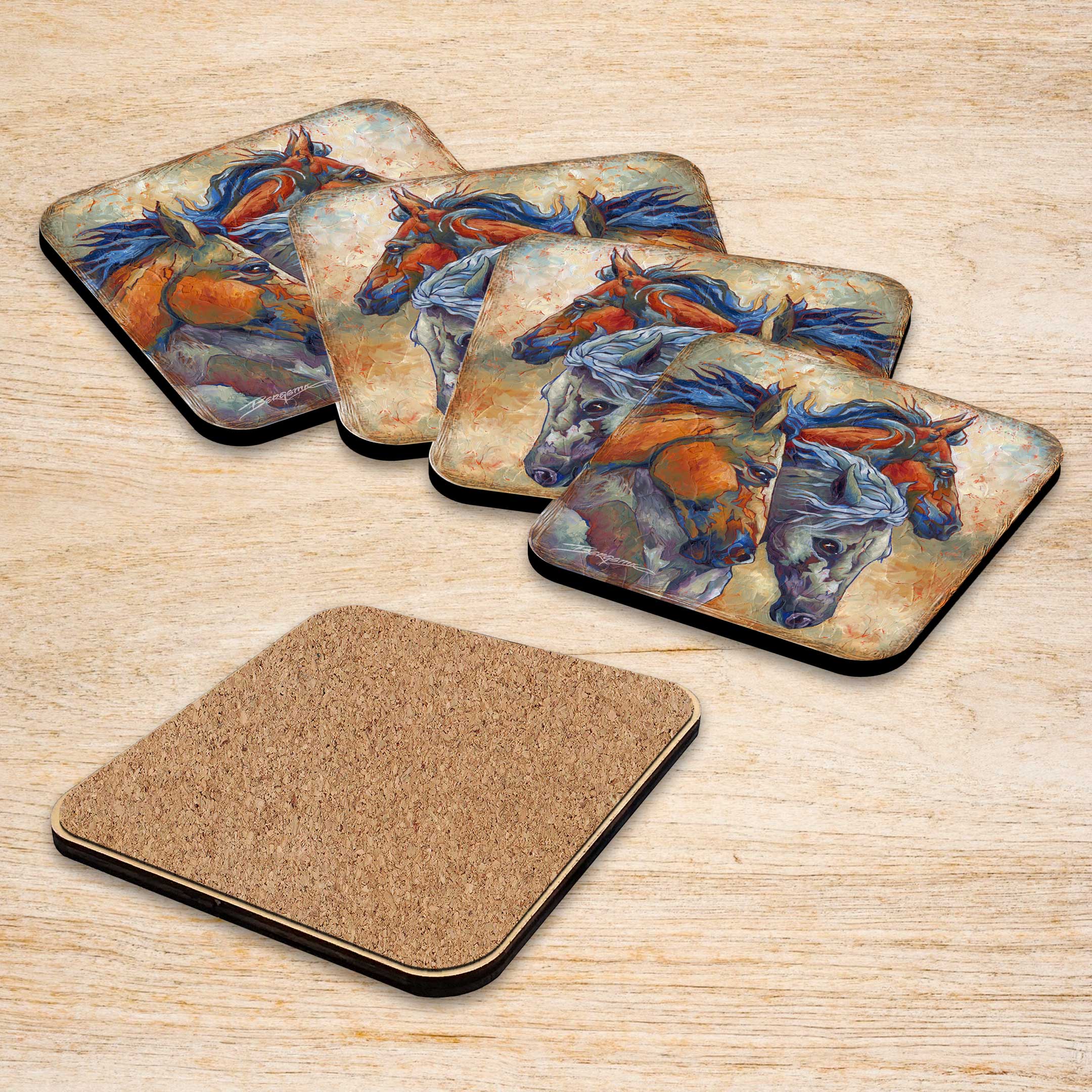 Herd of Horses Wooden Cork Coasters Gift Set of 4 by J. Bergsma - Wildlife Decor  - 8199458C-S4