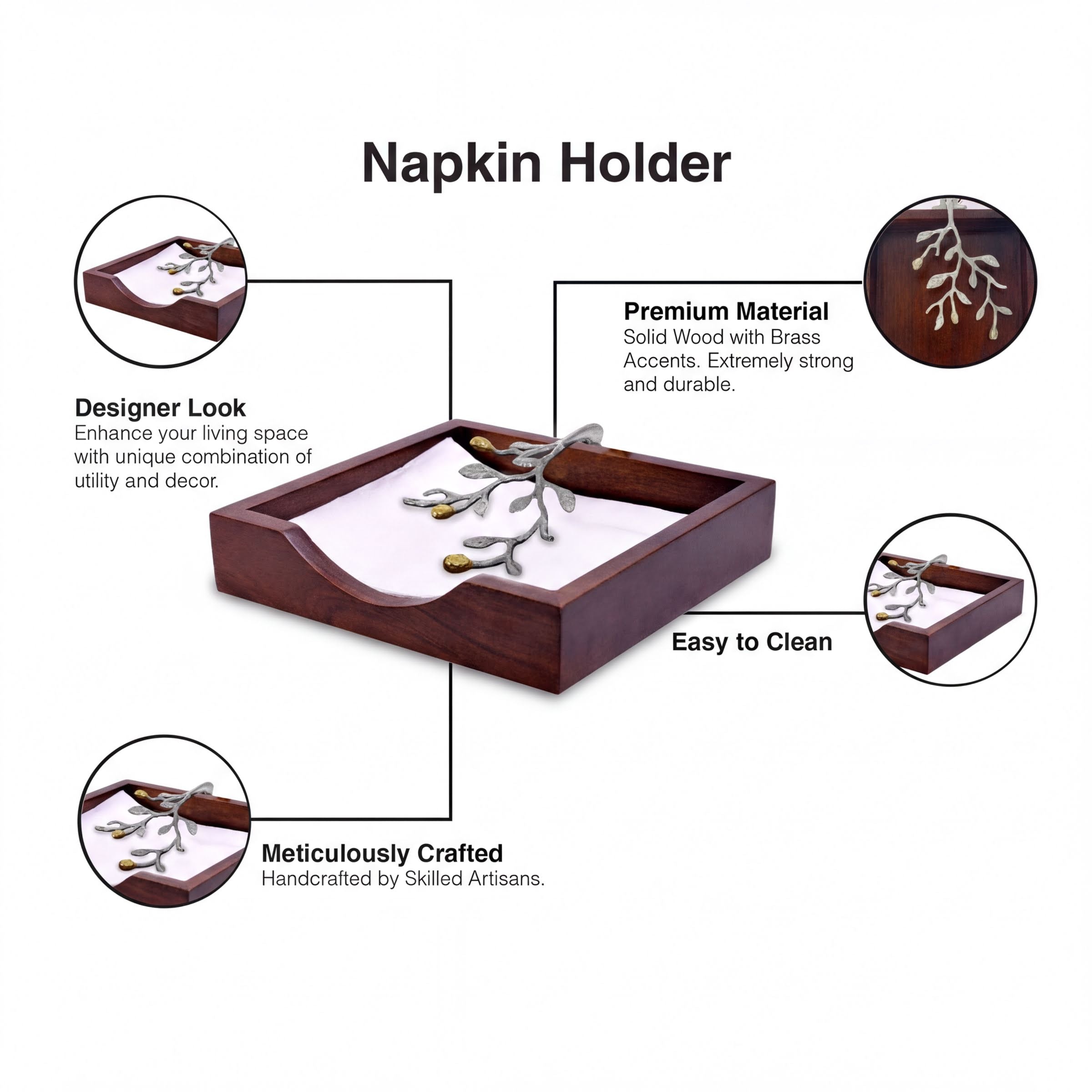 Wood Napkin Holder – Decorative Wooden Kitchen Napkin Holder with Silver Gold Finish