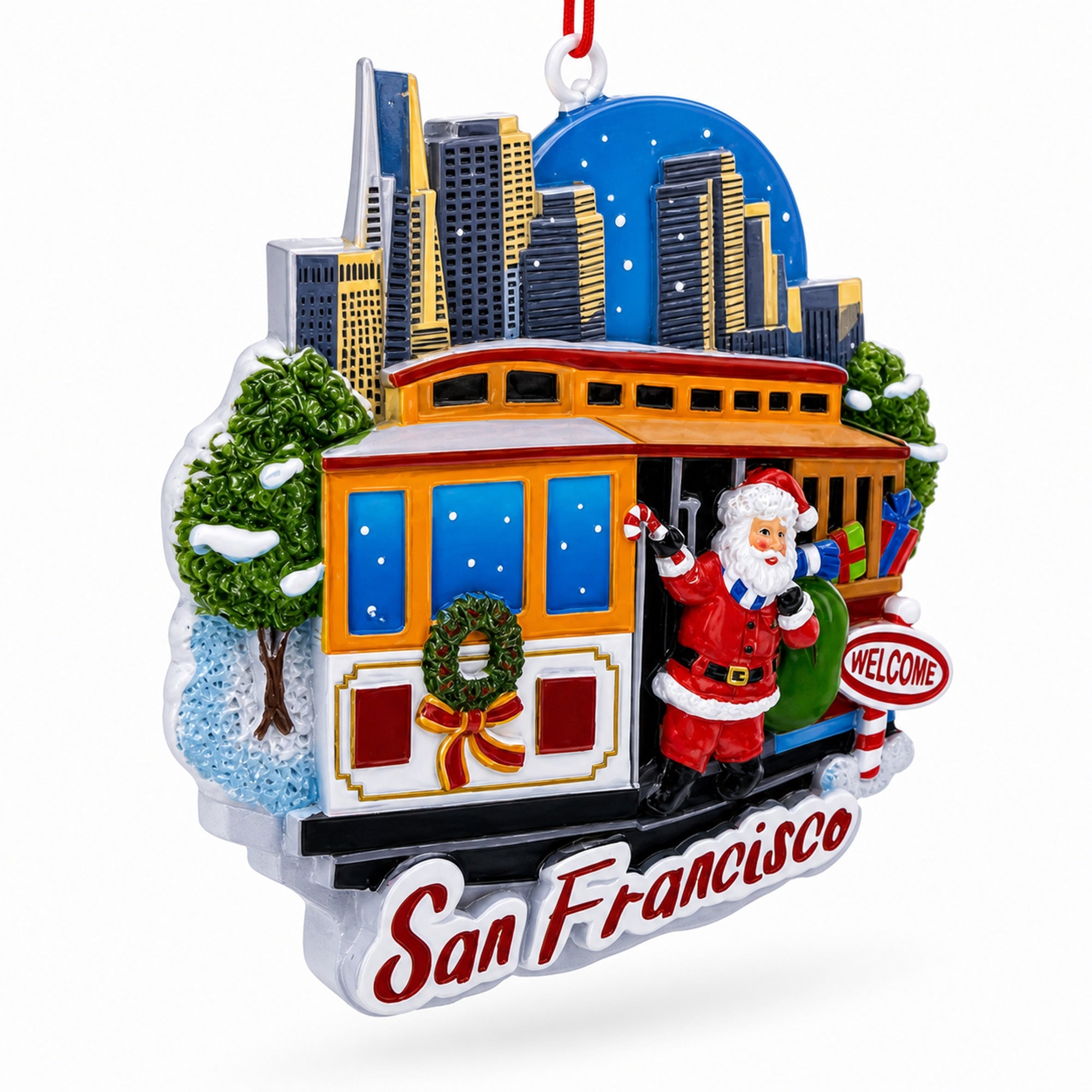San Francisco Cable Car with Santa and City Skyline Resin Christmas Ornament