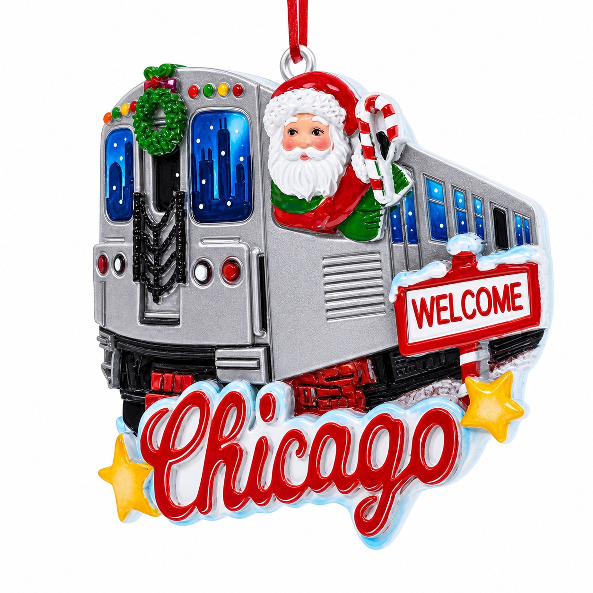 Chicago Train with Santa and Welcome Sign Resin Christmas Ornament