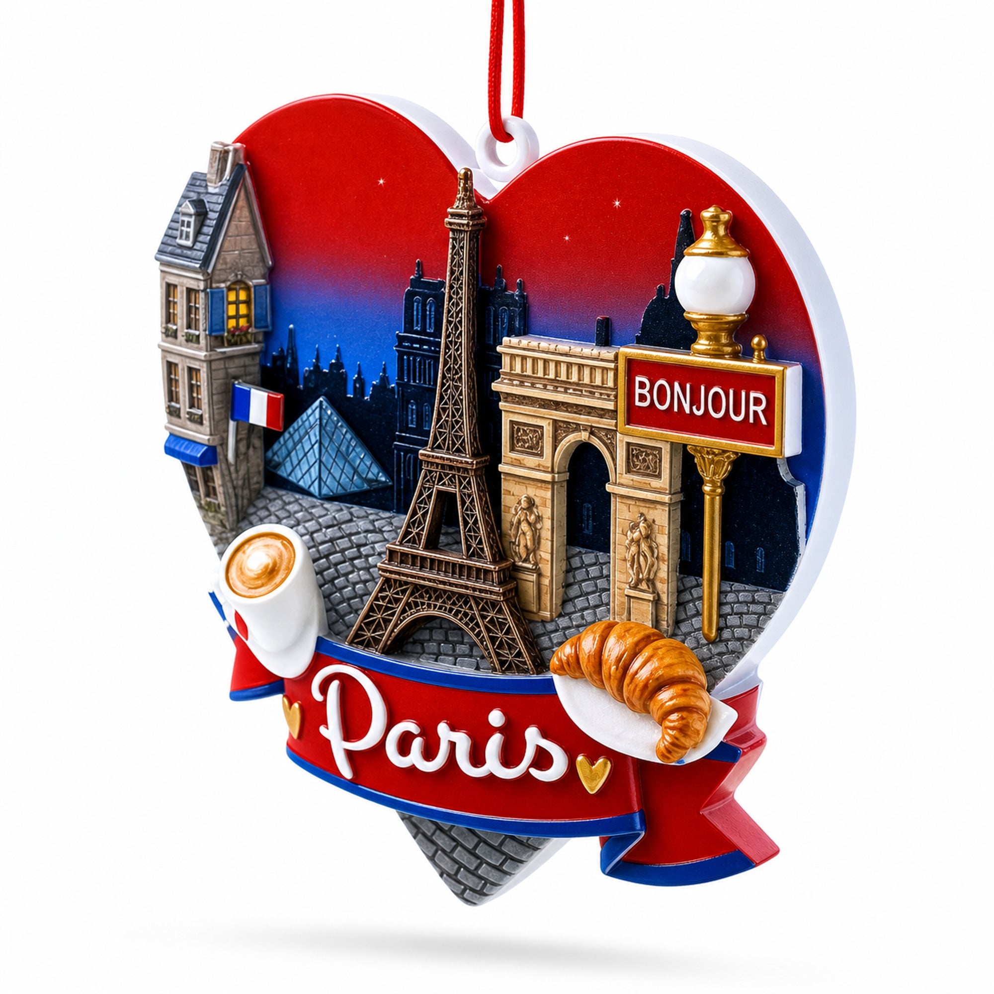 Paris Heart with Eiffel Tower and Bonjour Café Resin Christmas Ornament