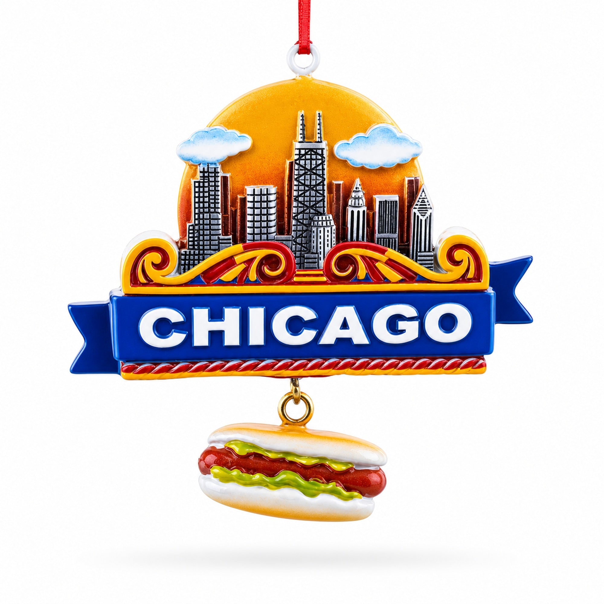 Chicago Skyline with Hot Dog Resin Christmas Ornament