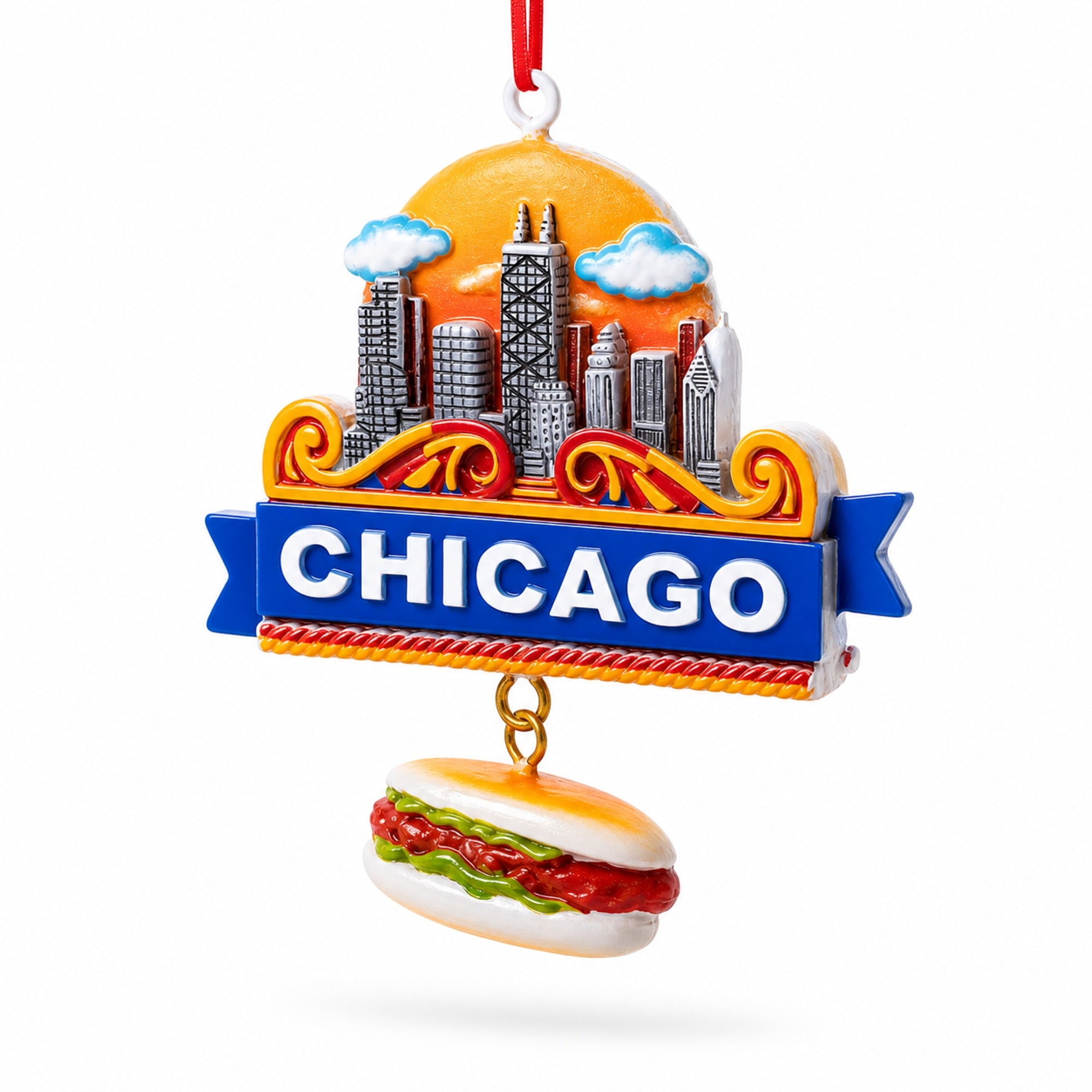Chicago Skyline with Hot Dog Resin Christmas Ornament