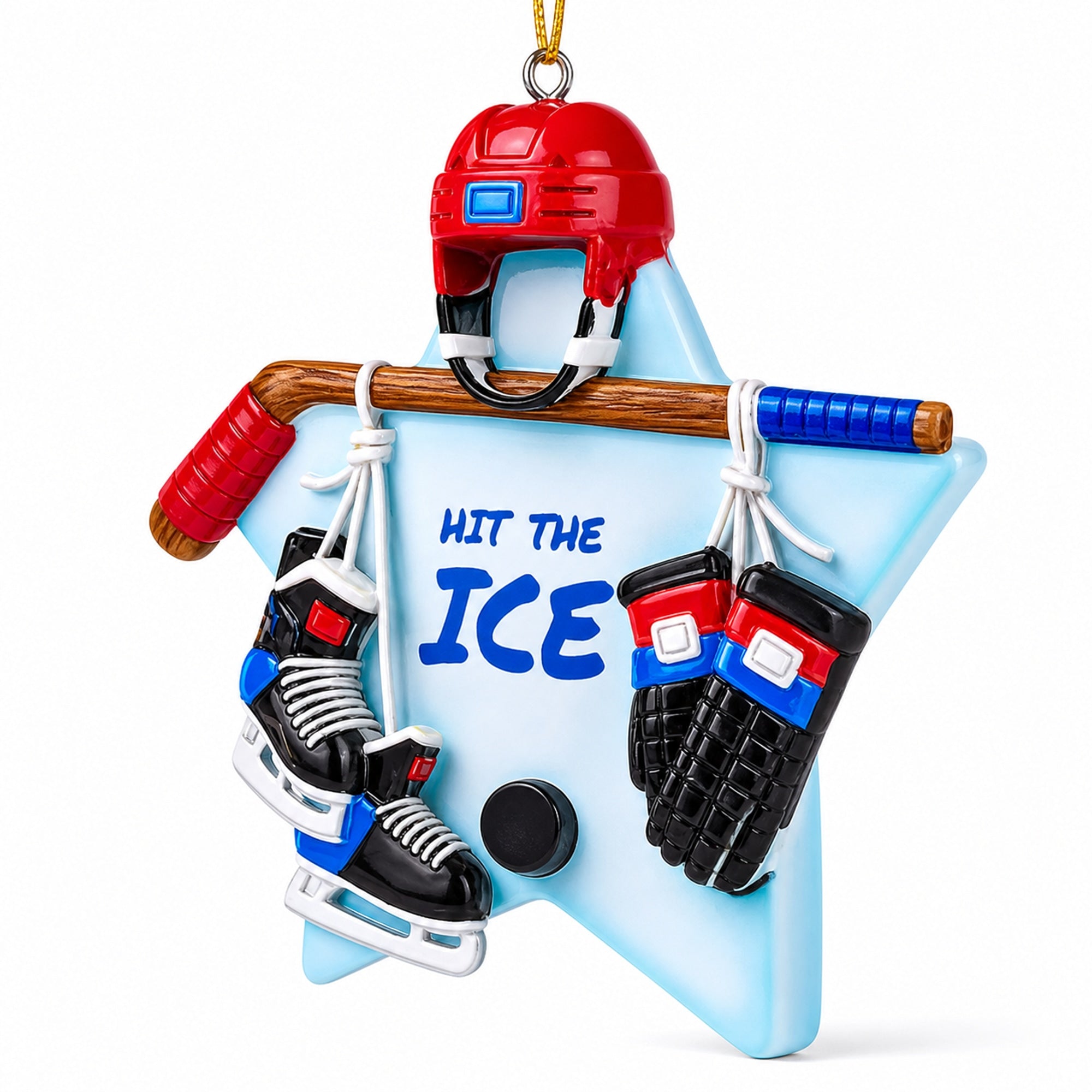 Hit the Ice Hockey Gear with Helmet and Stick Resin Christmas Ornament