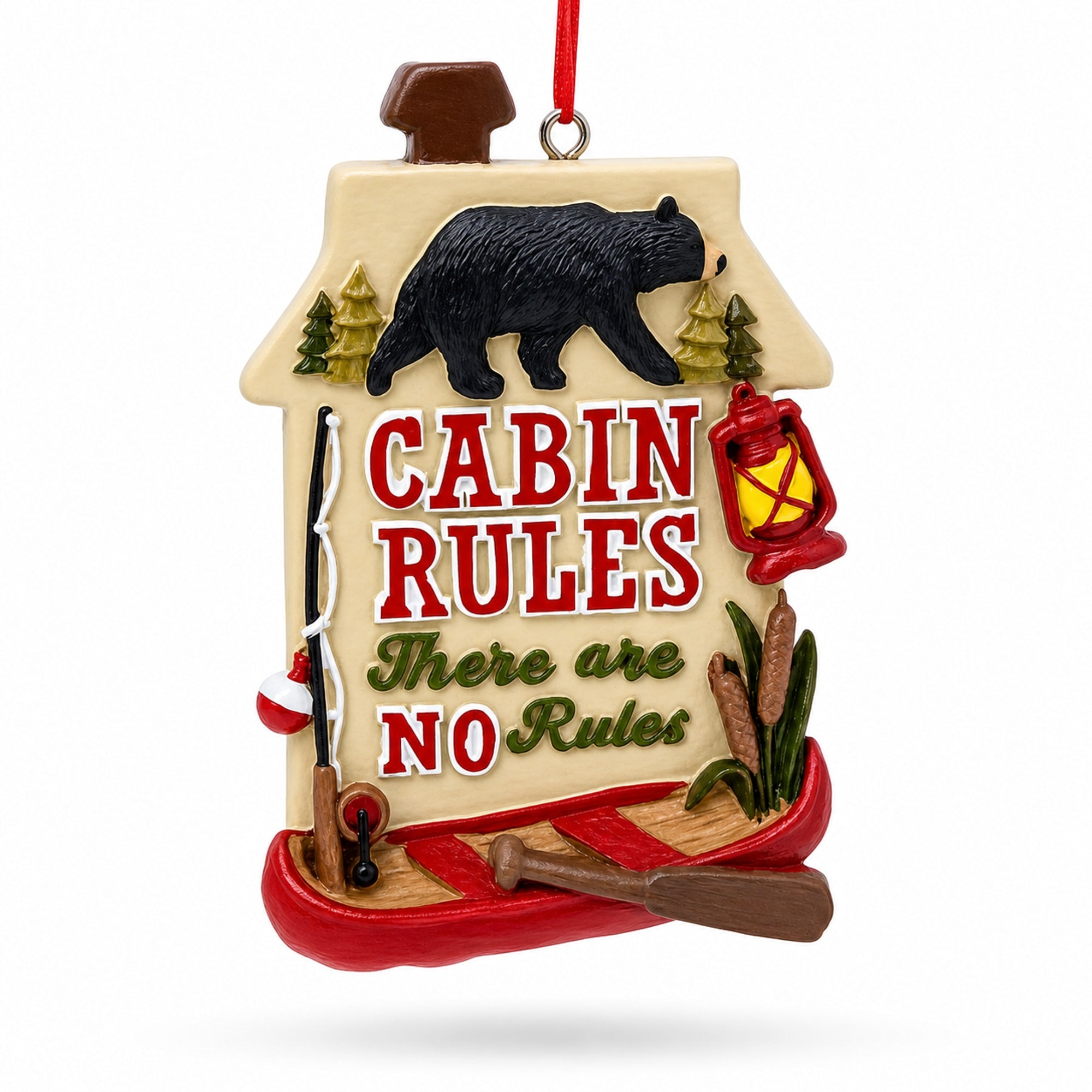 Rustic Cabin Rules Sign with Bear and Canoe Resin Christmas Ornament
