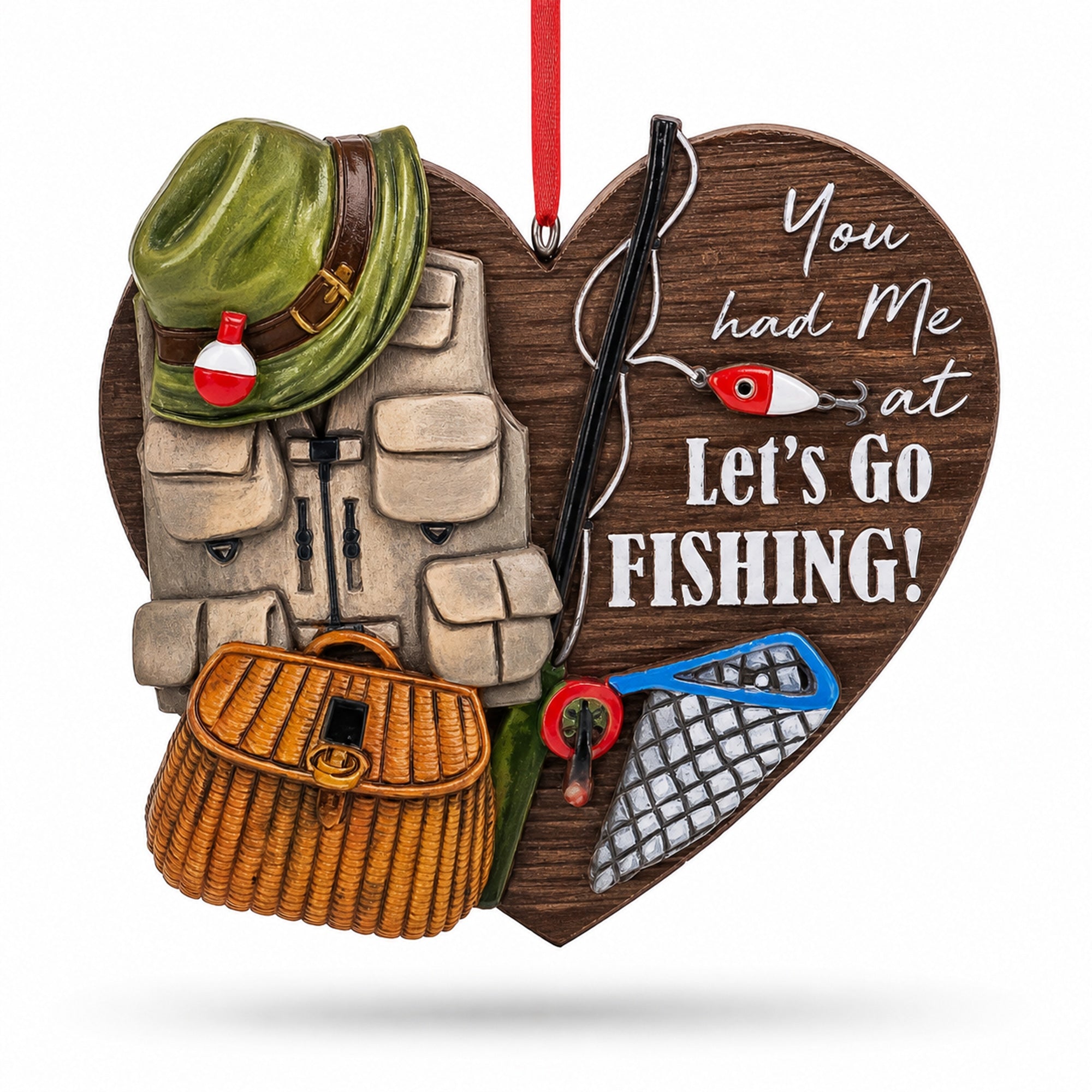 Let’s Go Fishing Heart Shape Fisherman Gear Resin Christmas Ornament