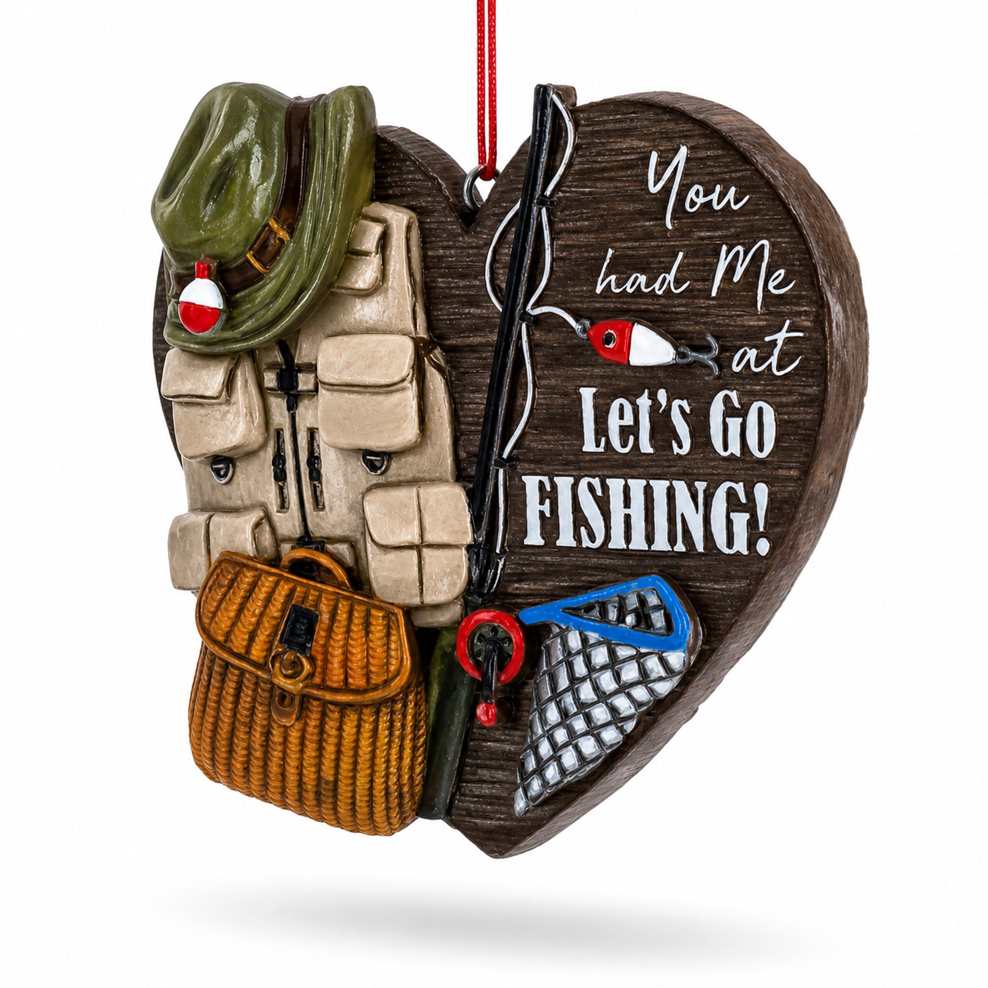 Let’s Go Fishing Heart Shape Fisherman Gear Resin Christmas Ornament