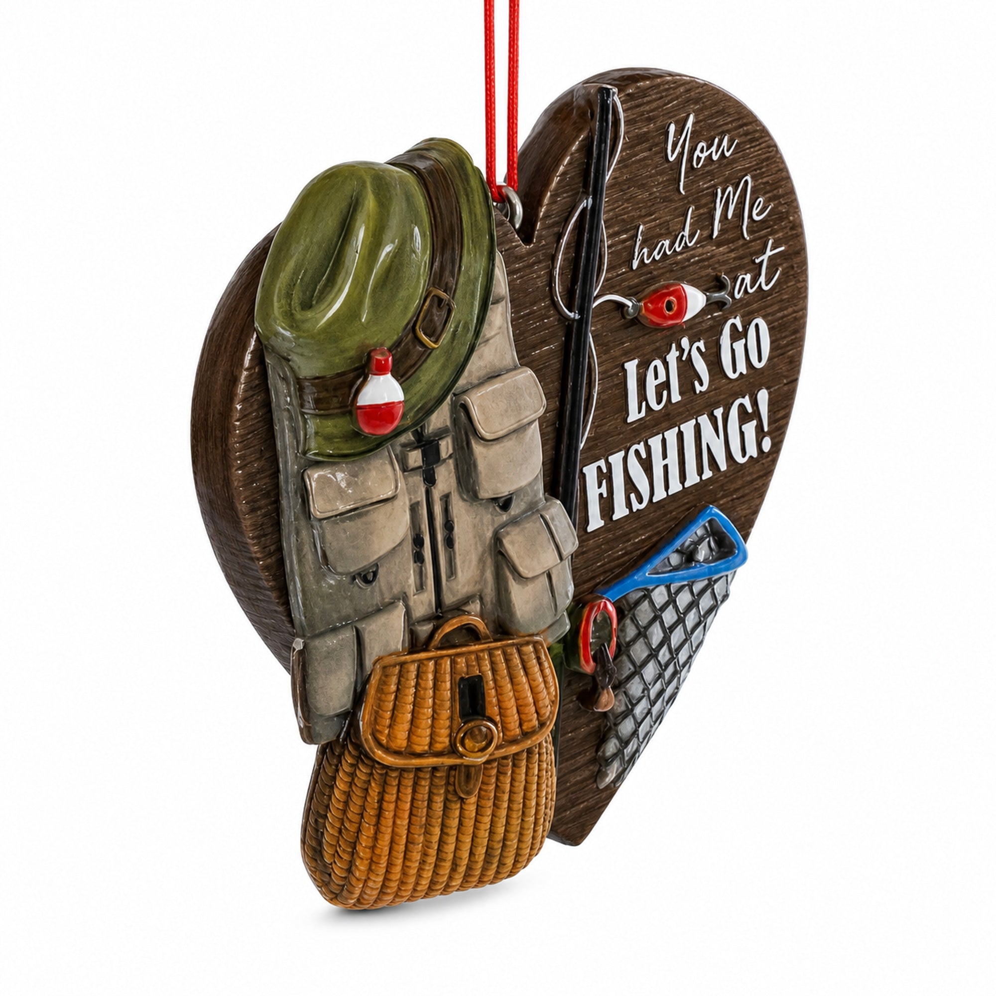 Let’s Go Fishing Heart Shape Fisherman Gear Resin Christmas Ornament
