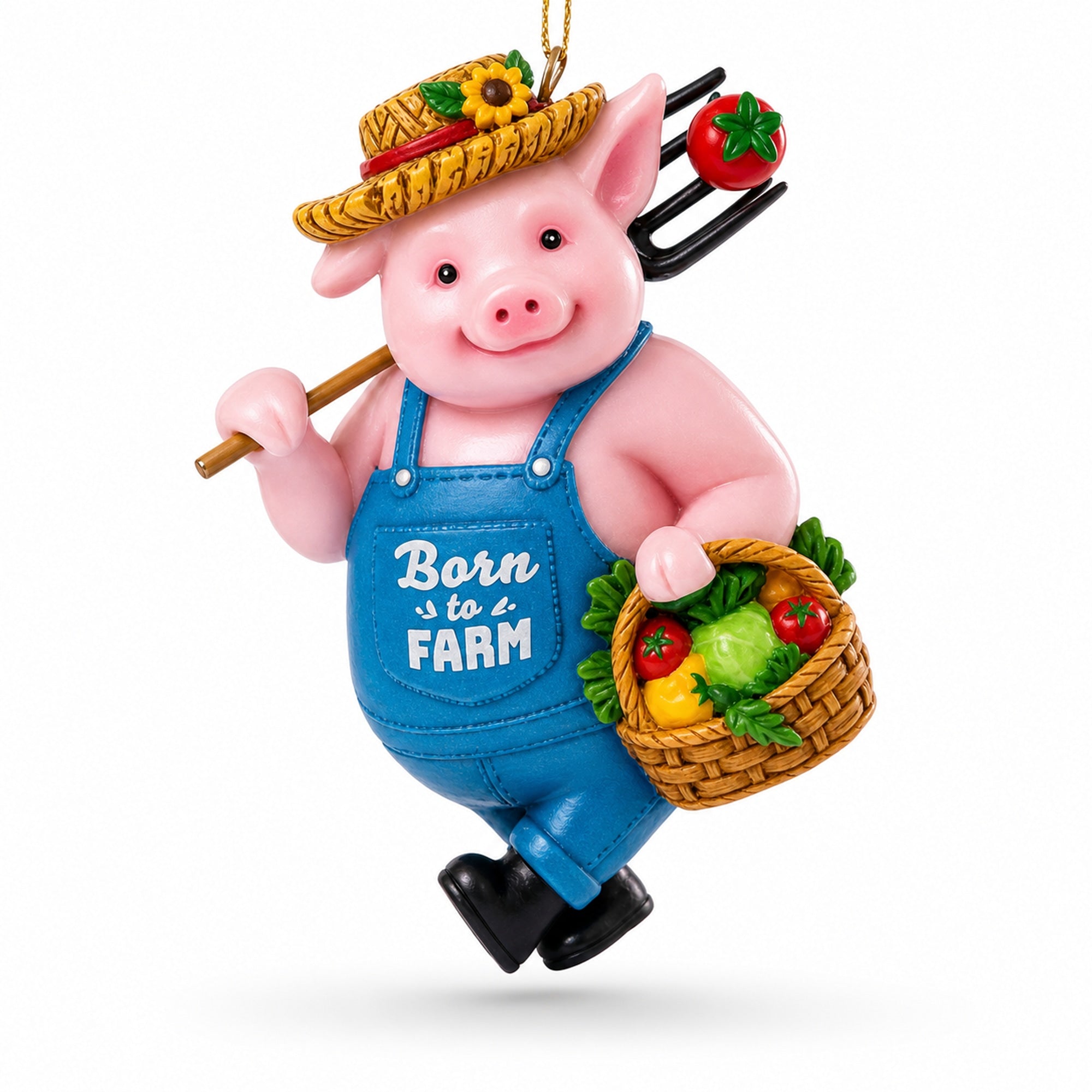 Farmer Pig with Veggie Basket Resin Christmas Ornament