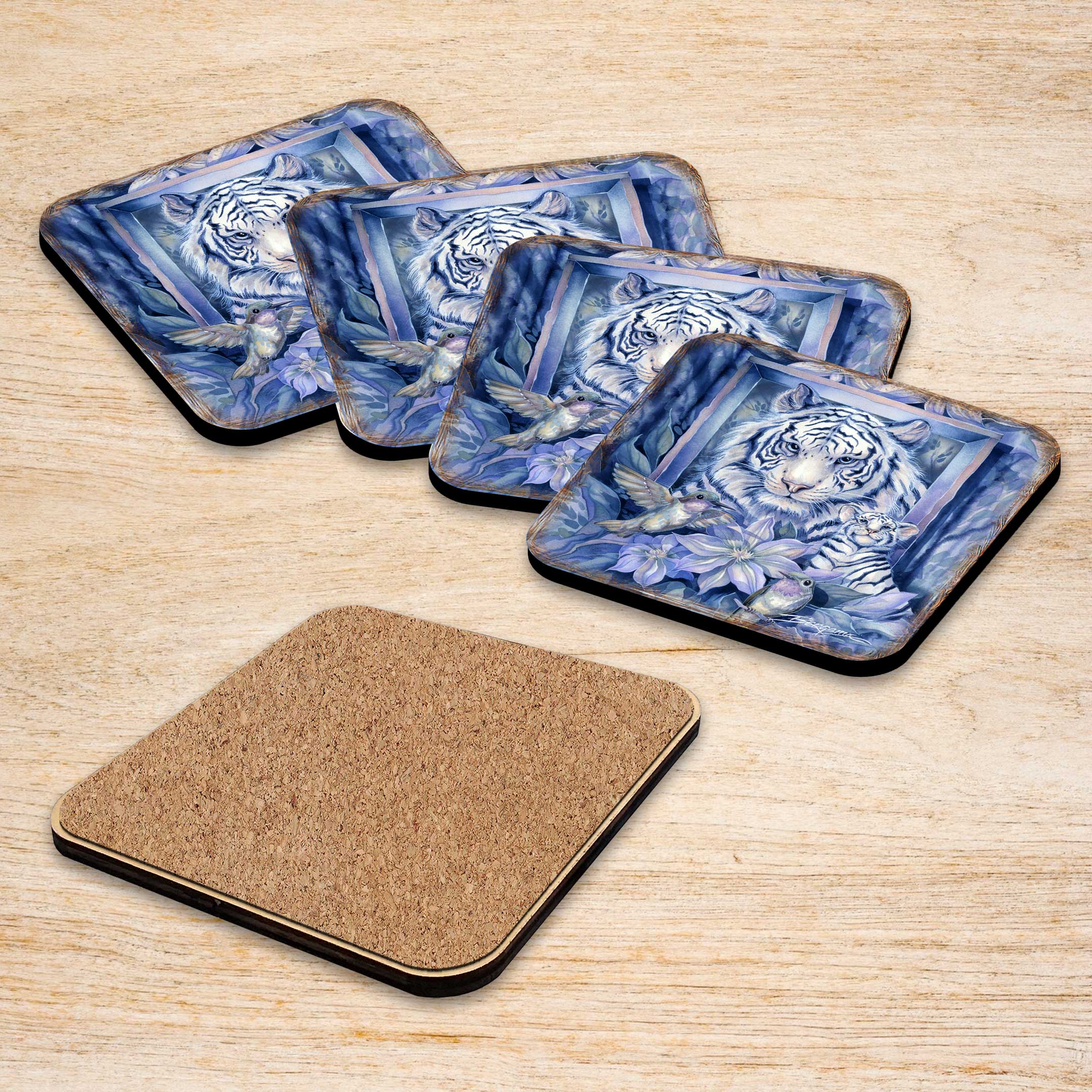 Tiger in the Garden Wooden Cork Coasters Gift Set of 4 by J. Bergsma - Wildlife Decor  - 8199461C-S4