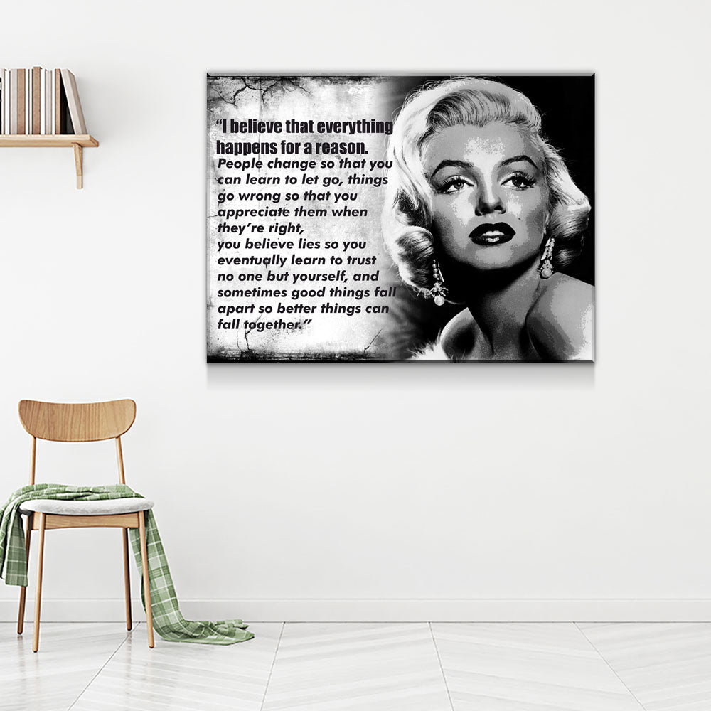Everything Happens For A Reason Canvas Wall Art Marilyn Monroe Quote