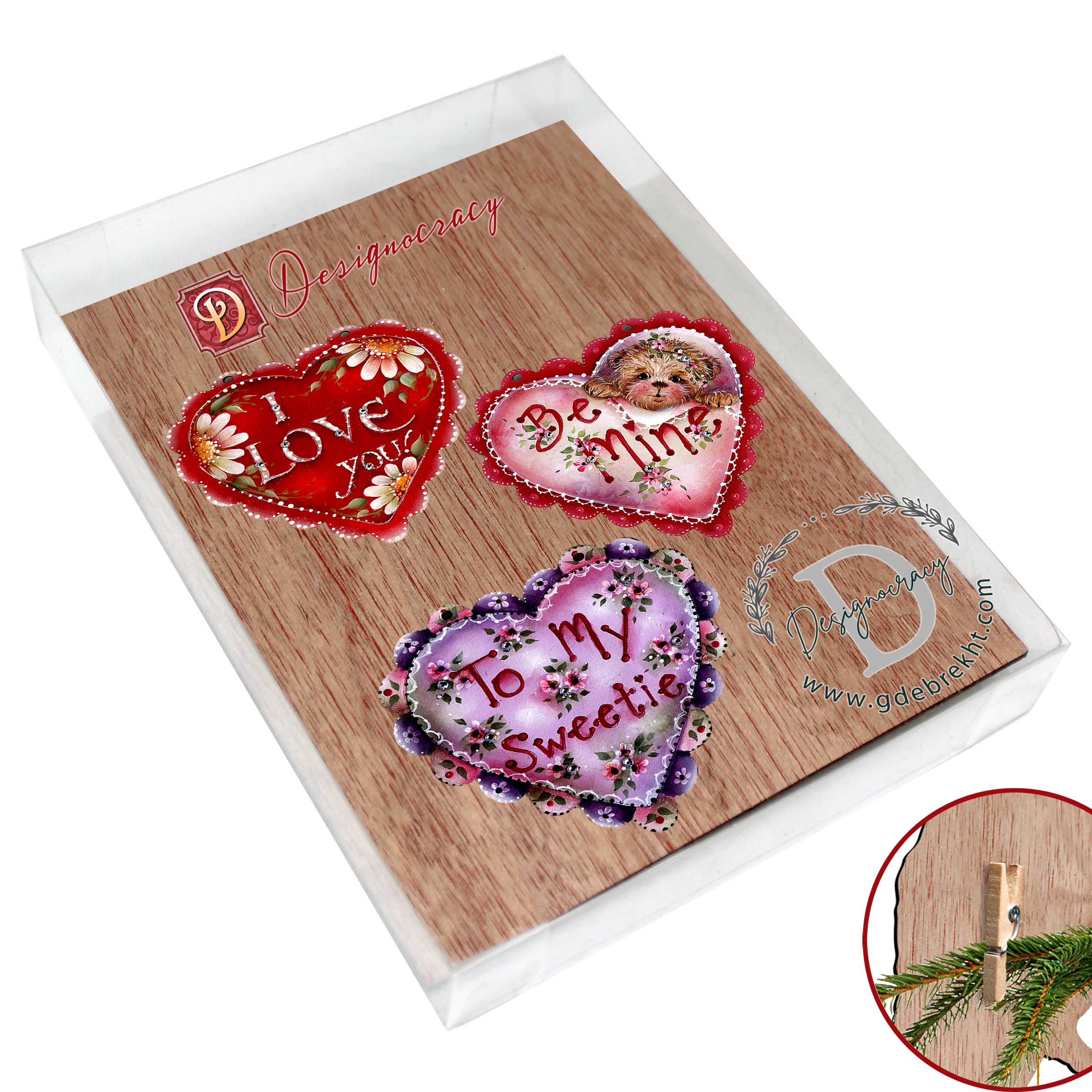 Heart of Love Clip-On Eco Wood Decorative Ornaments Set of 3 by Jamie Mills-Price - Love Kids Family Decor - 8091054C-MP-S3