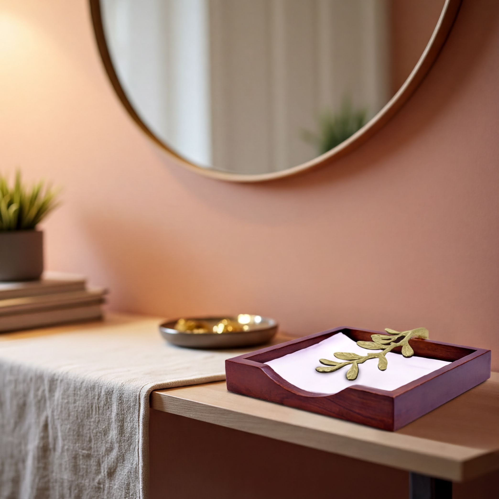 Wooden Napkin Holder – Solid Wood Tabletop Holder with Gold Finish & Weighted Metal Arm