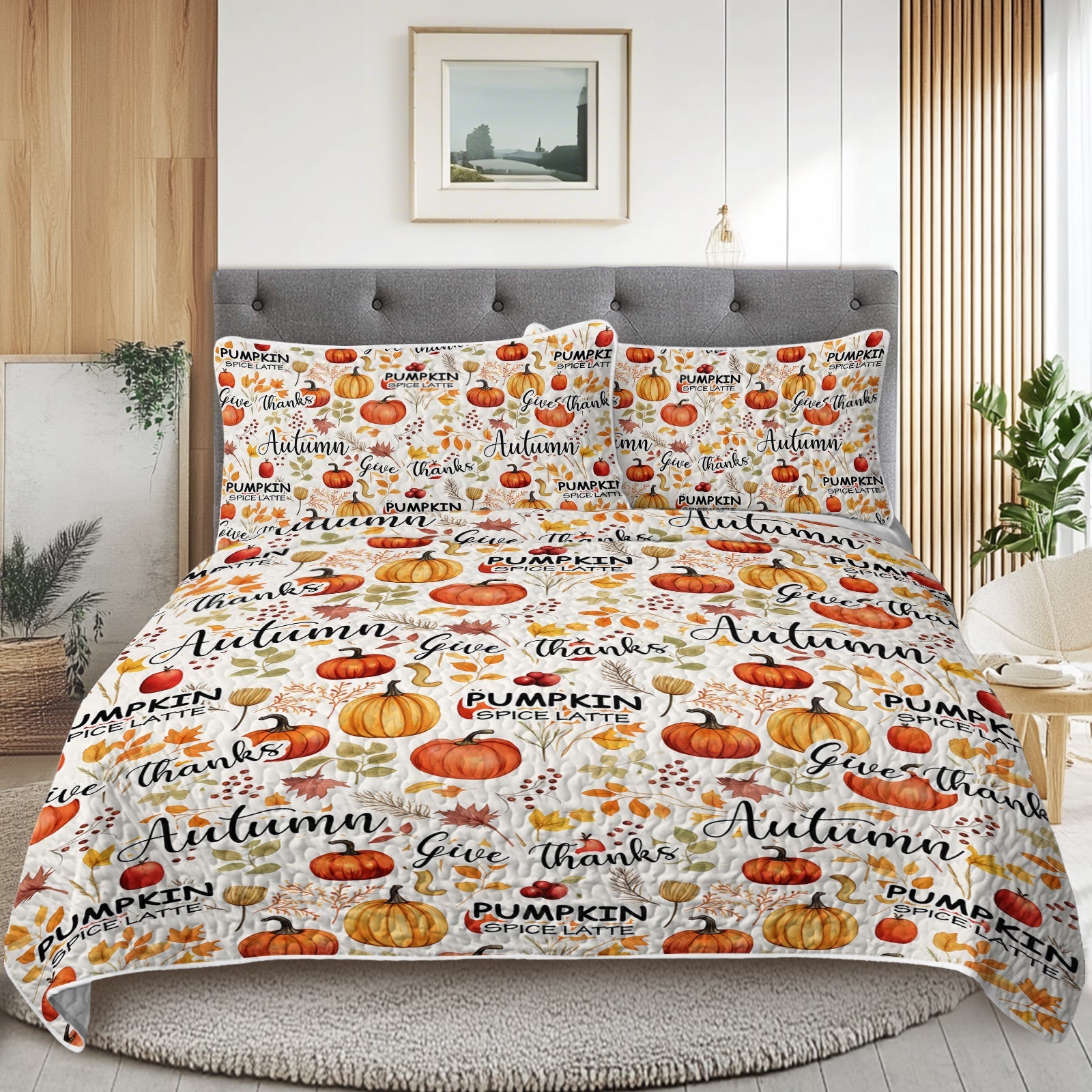 3pcs Pumpkin Autumn Leaves Design Quilt Set All Seasons Bedding Quilt Bed Set With 2 Pillowcases For Kids Teens Adults Bedroom