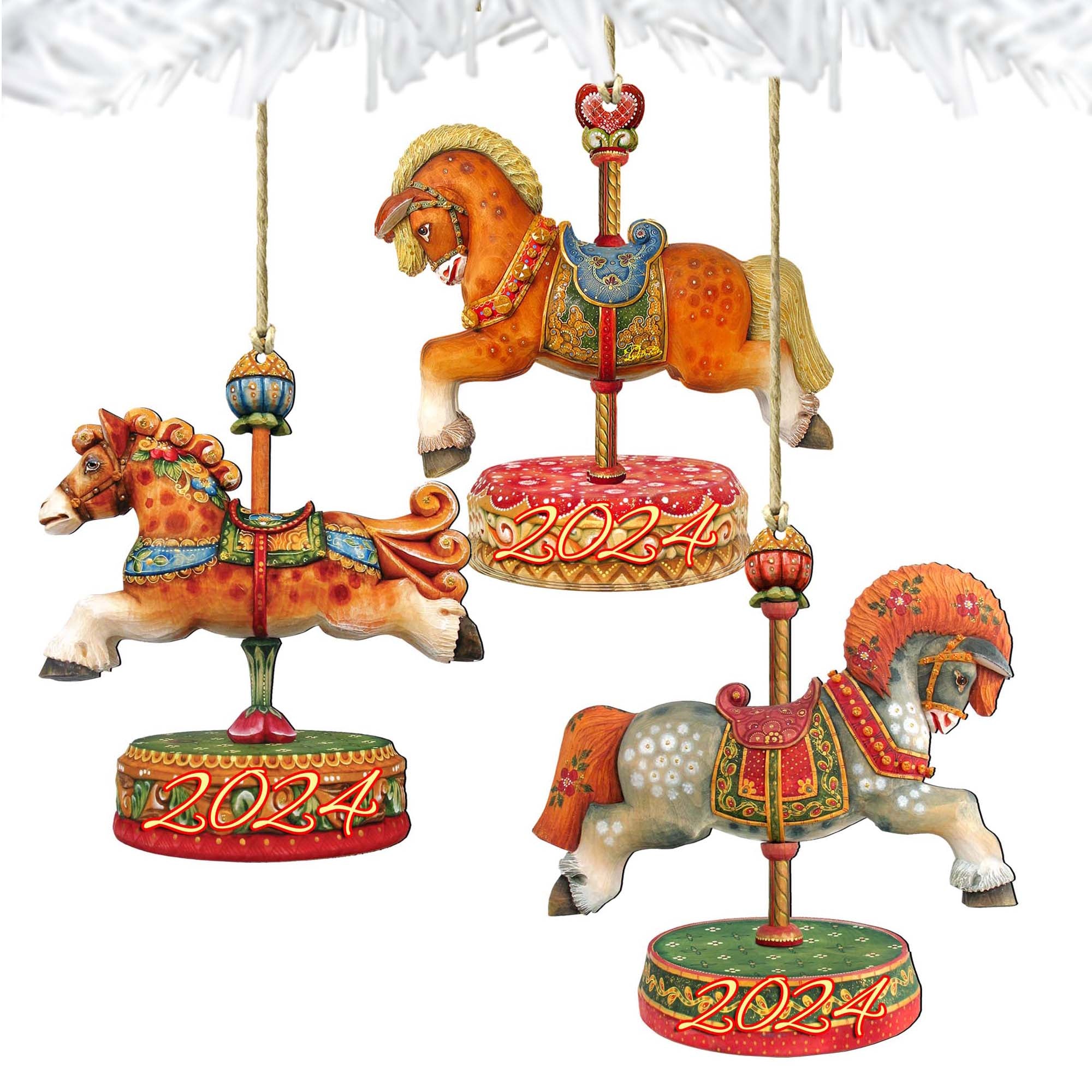 2024 Dated Wooden Carousel Ornaments Set of 3 by G. Debrekht - Christmas Decor - 8100087S3-D24