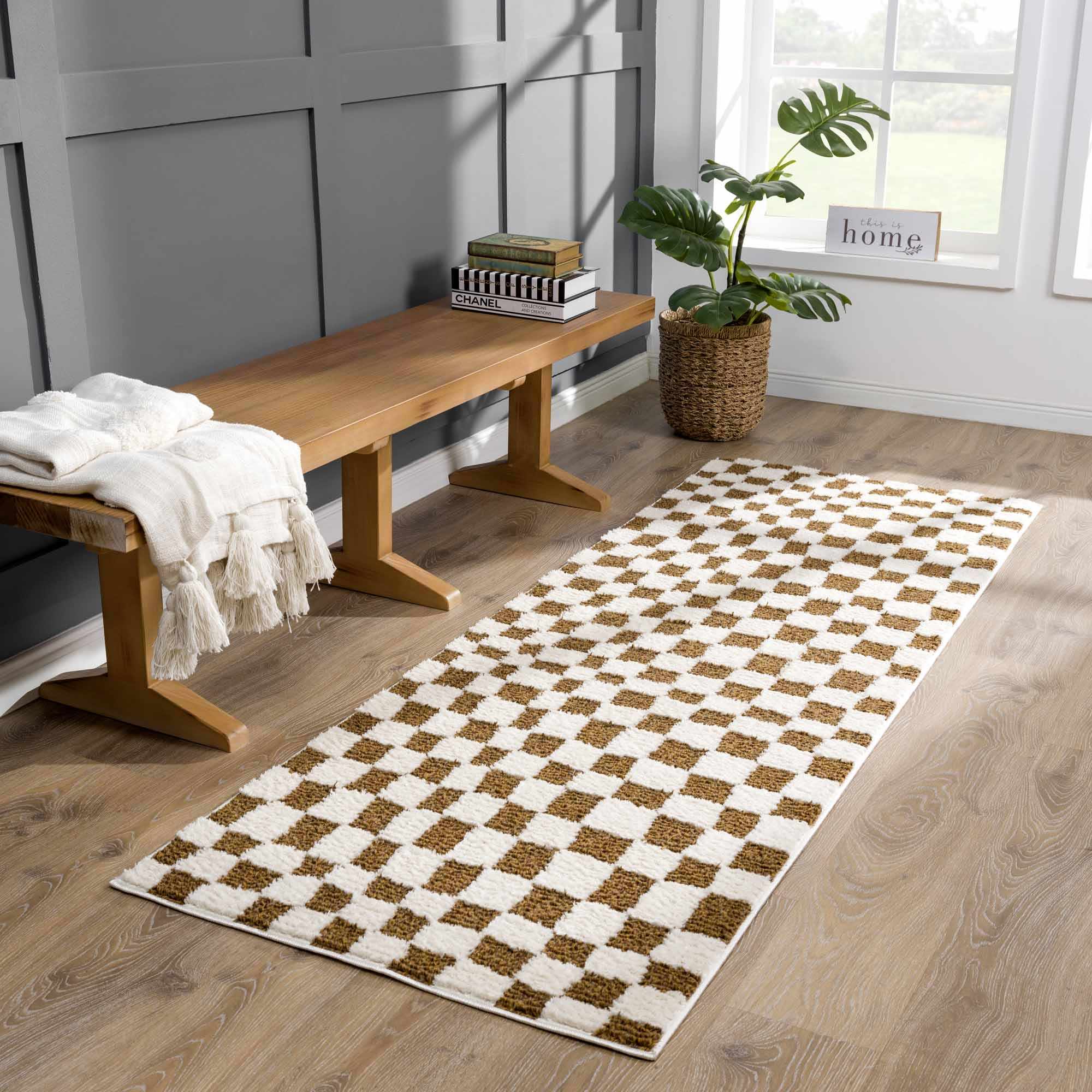 Lajos Brown Checkered 7ft Runner Rug