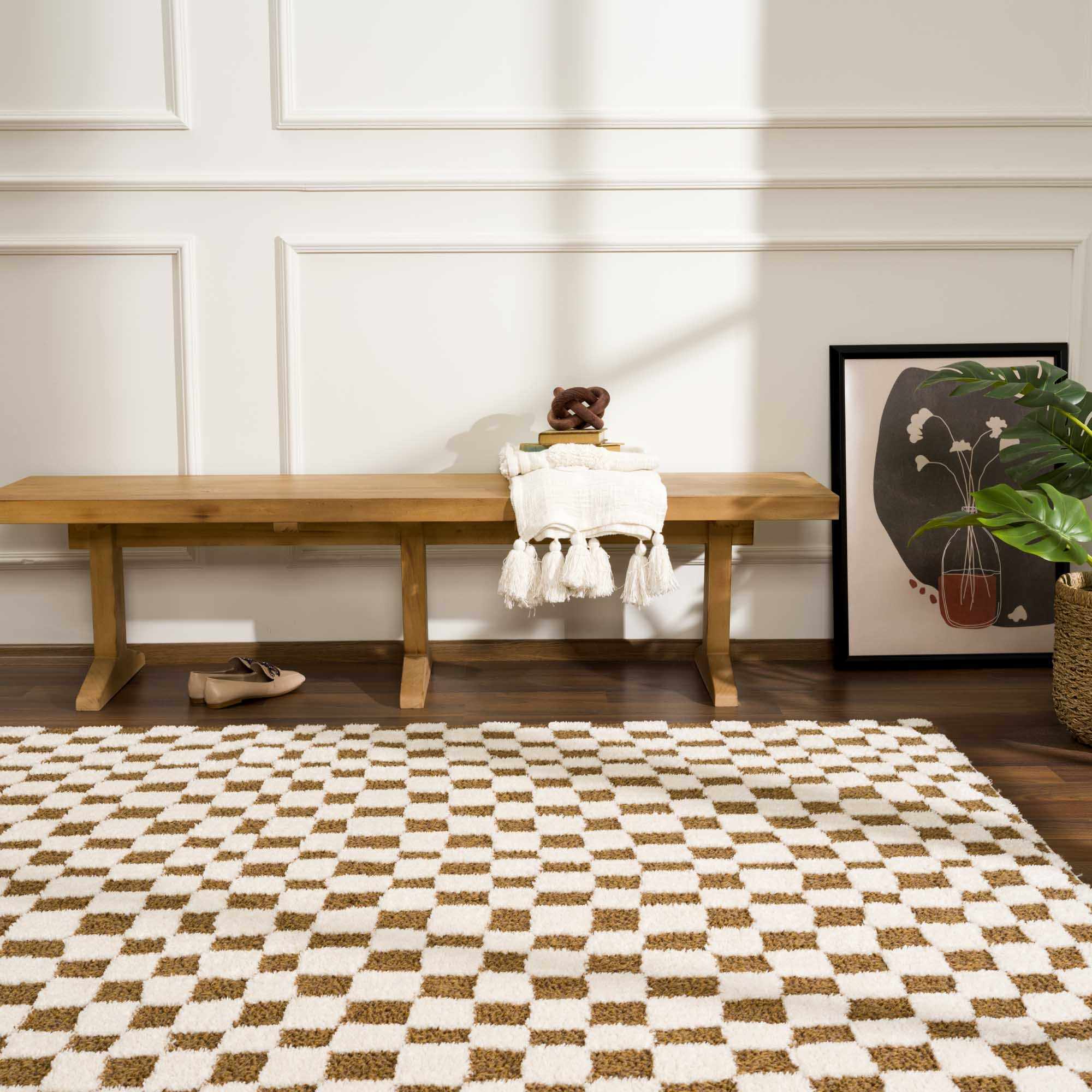 Lajos Brown Checkered 7ft Runner Rug