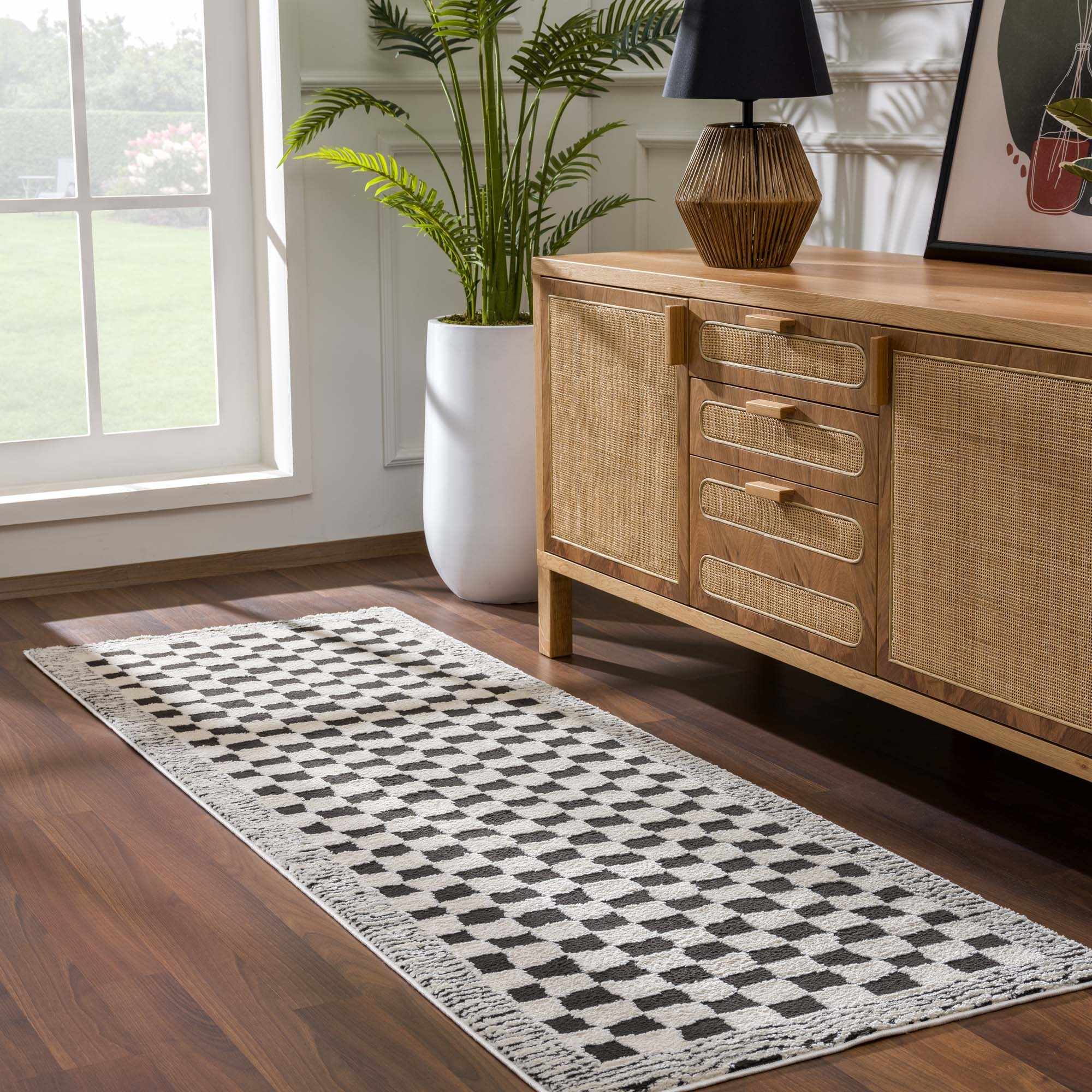 Leryn Black & White Checkered 7ft Runner Rug