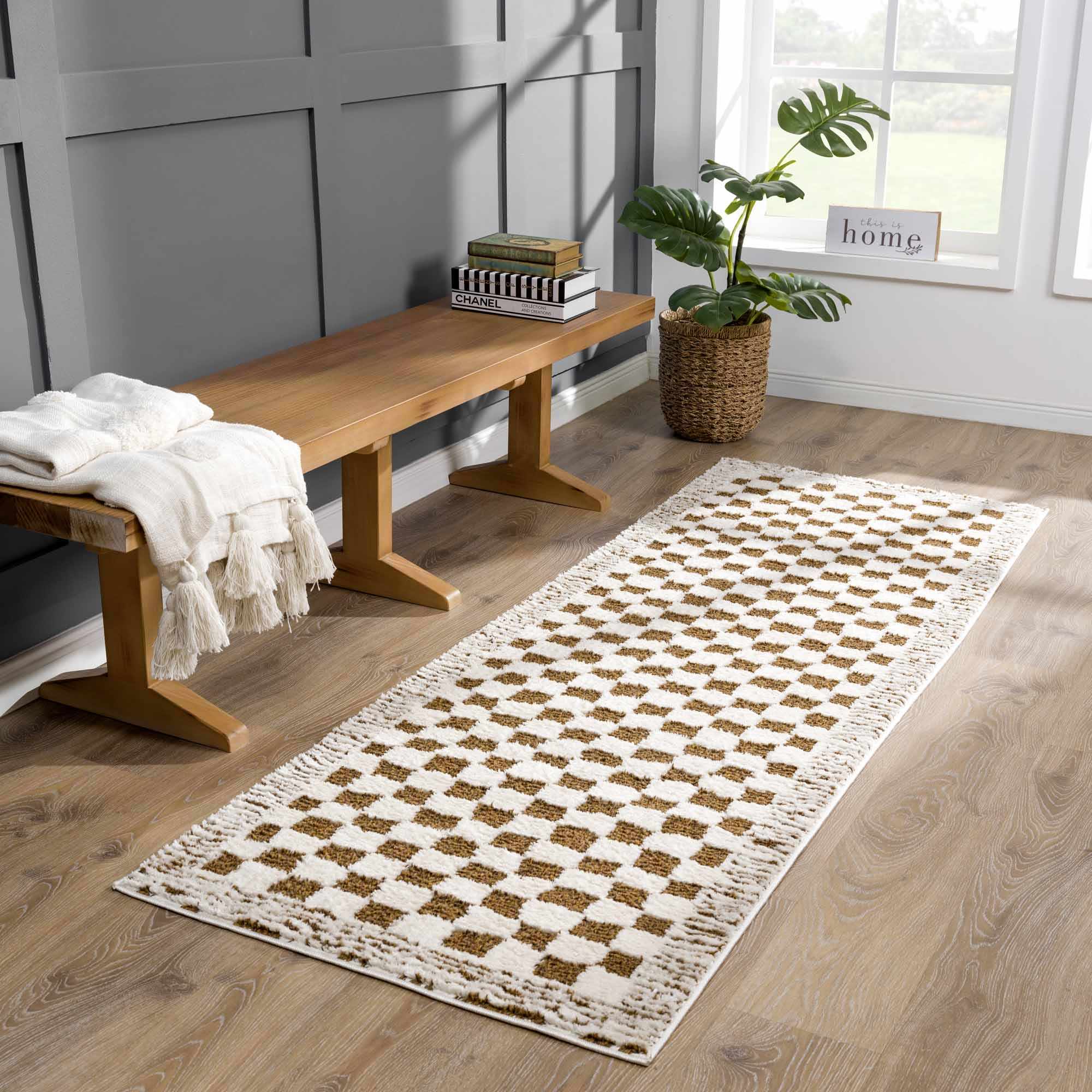 Leryn Brown & White Checkered 7ft Runner Rug