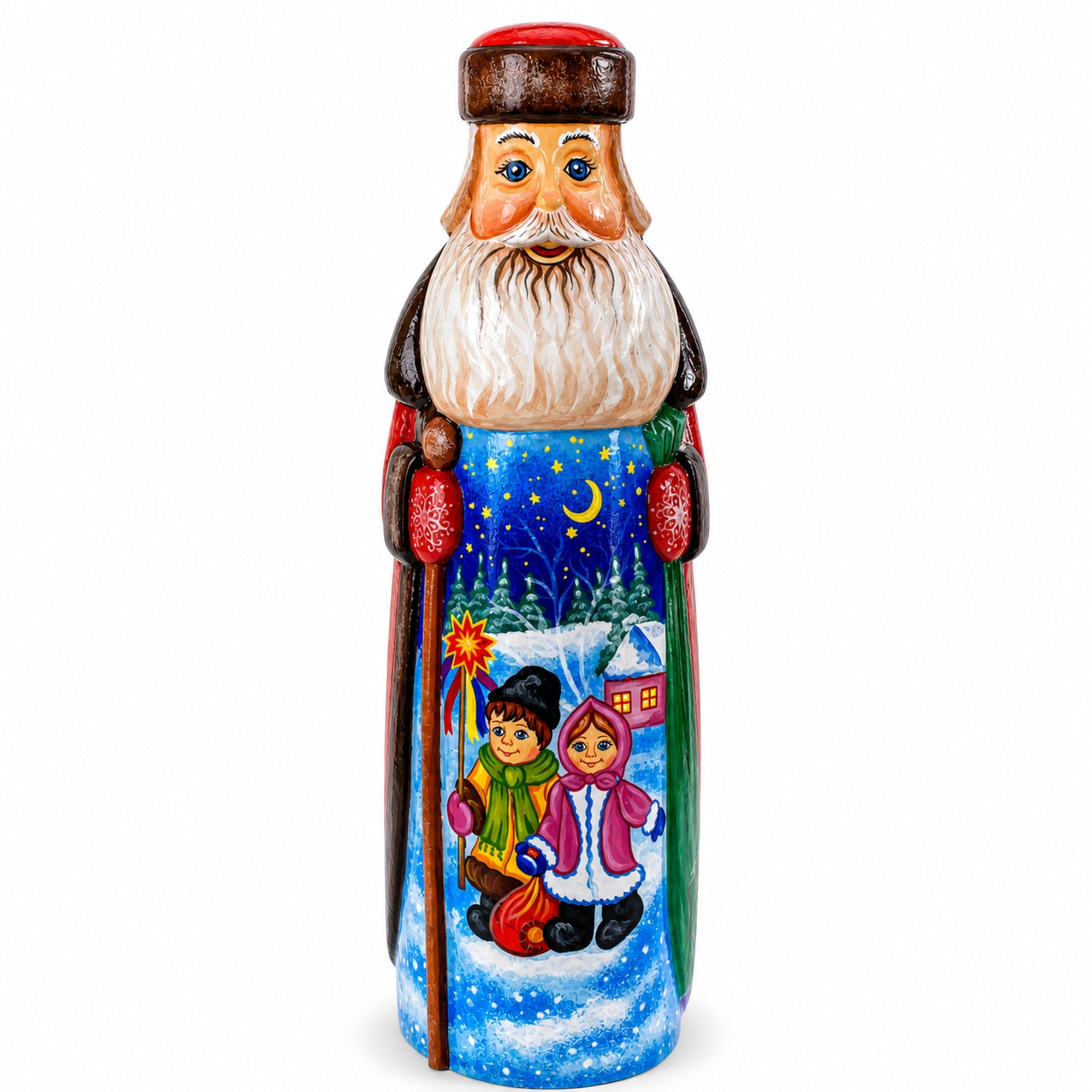 Hand Carved Ukrainian Santa with Children Caroling Solid Wood Figurine 11 Inches