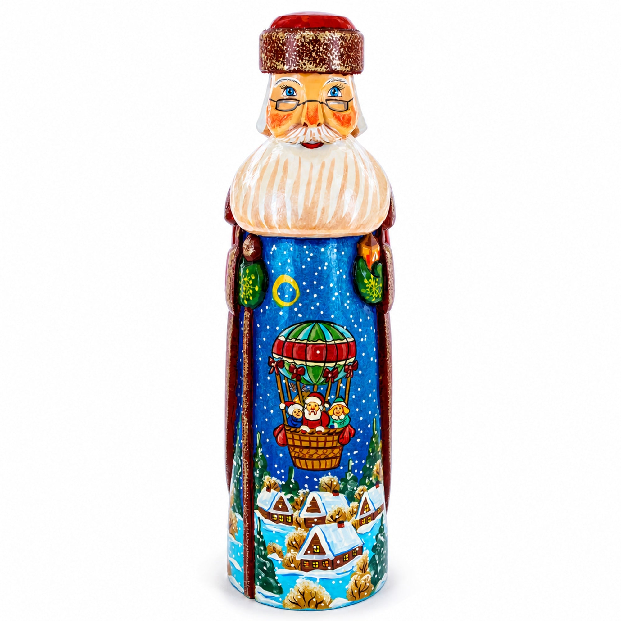 Riding on Air Balloon Hand Carved Solid Wood Santa Figurine 11 Inches