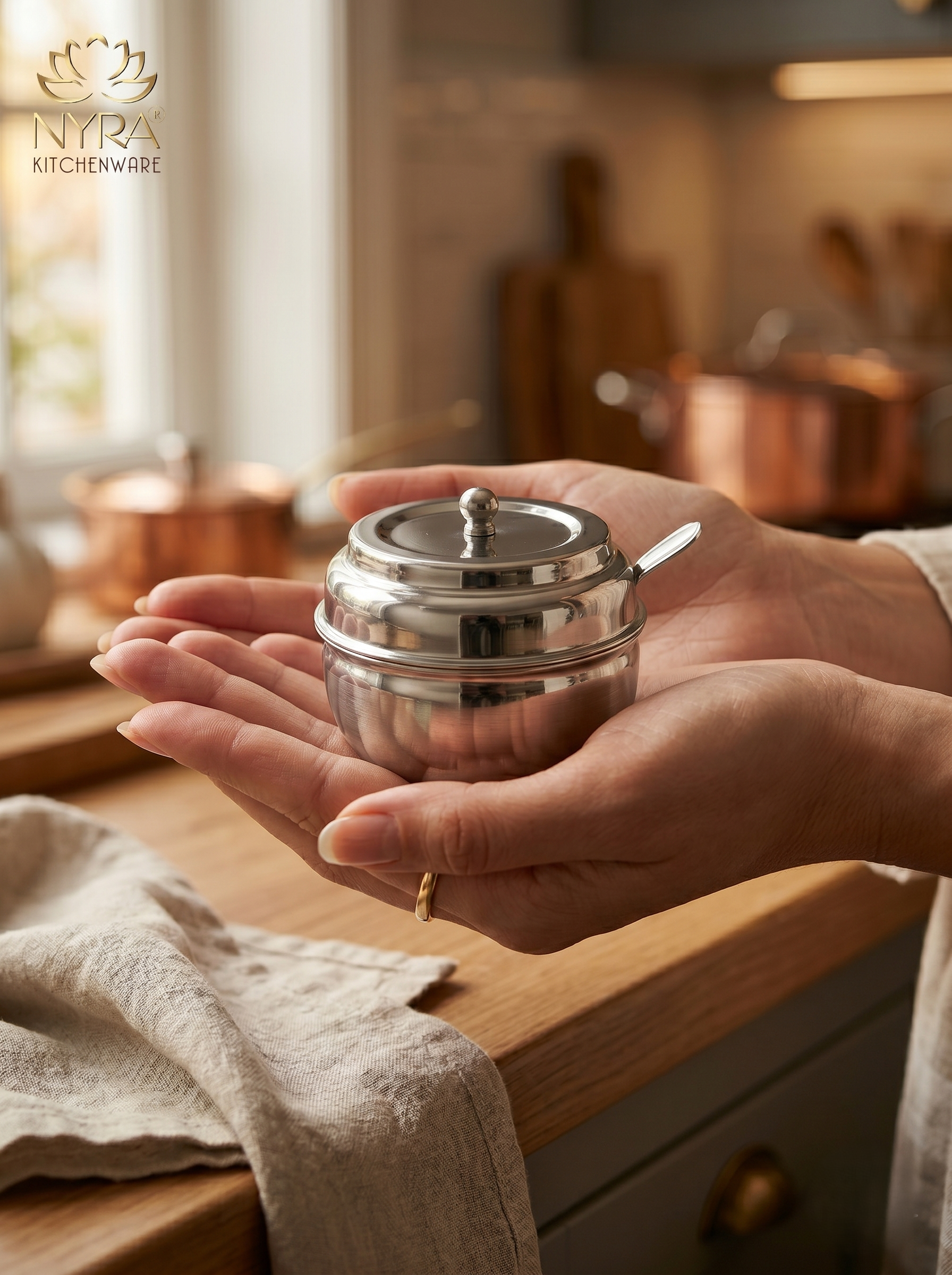 Stainless Steel Ghee/0il Pot Storage Container with Spoon - medium