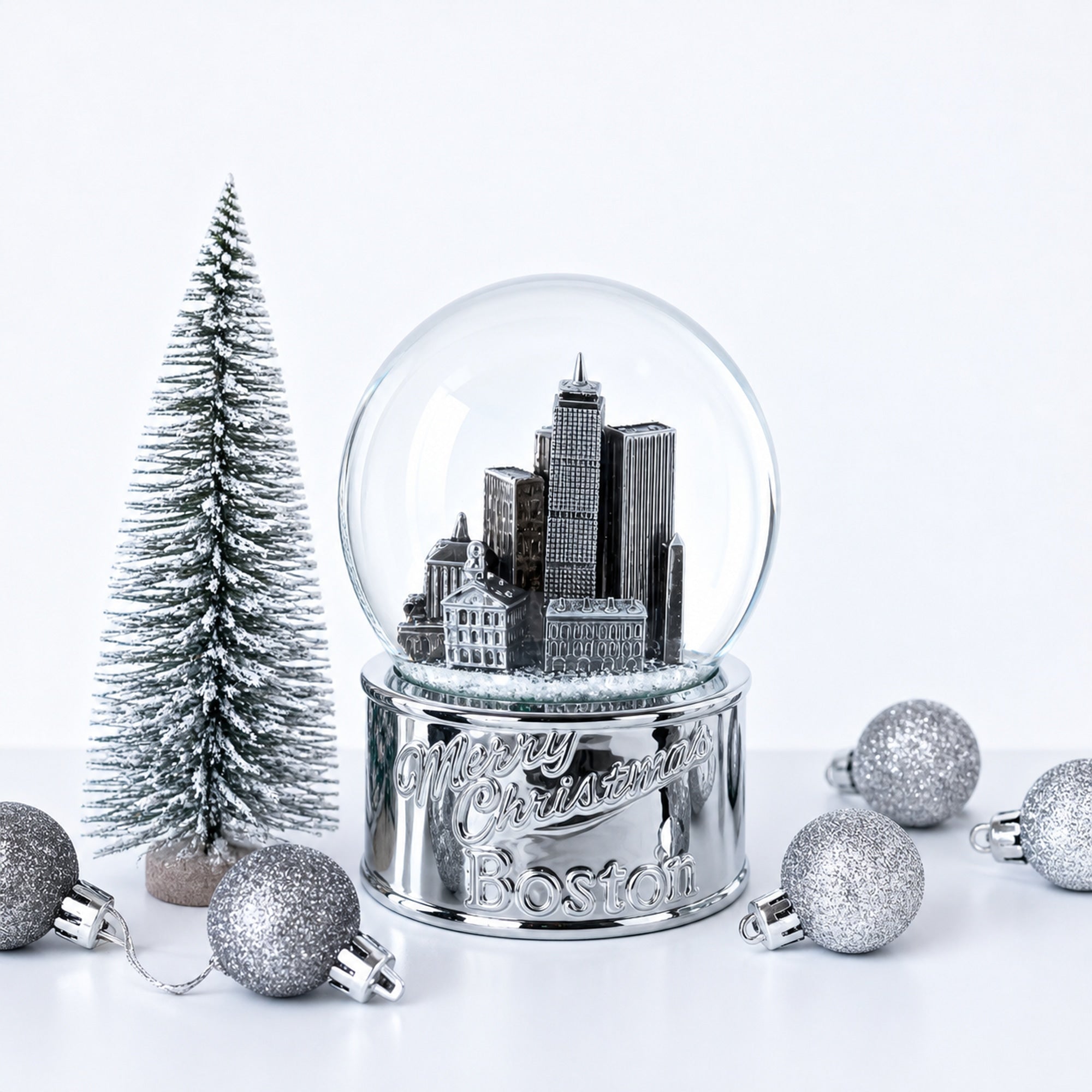 Boston Cityscape Silver Base Glass Water Snow Globe