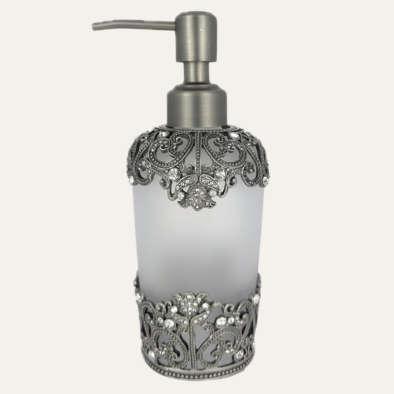 Soap Dispenser – Frosted Glass Bathroom Accessory With Rhinestones & Pewter Finish