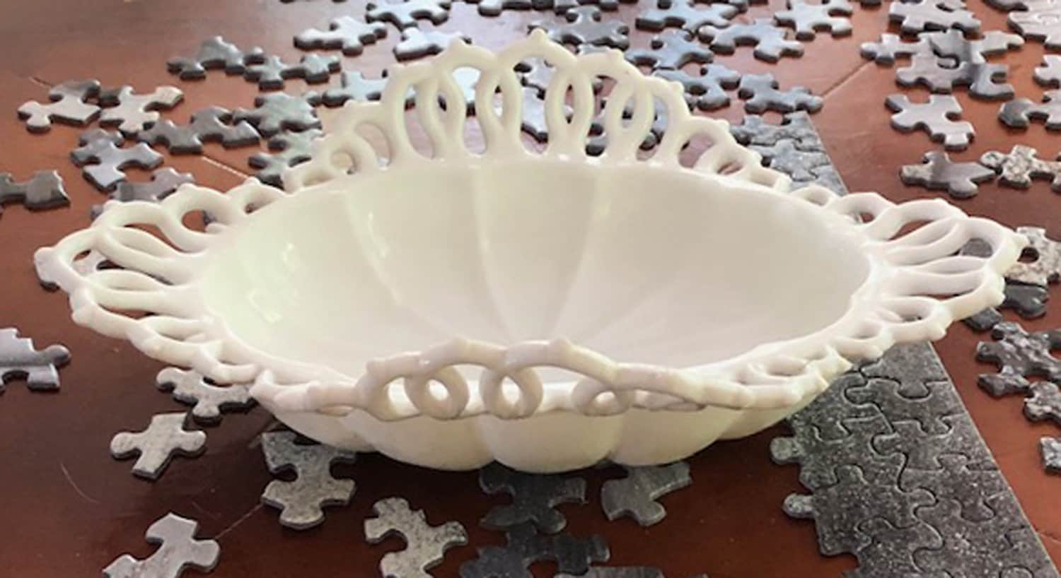 Milk Glass Tear Drop Small Serving Dishes with Fluting & Lacy Brim. Set of 2 White Serving Dishes. Kitchen, Bath Decor. Condiment, Soap Dish