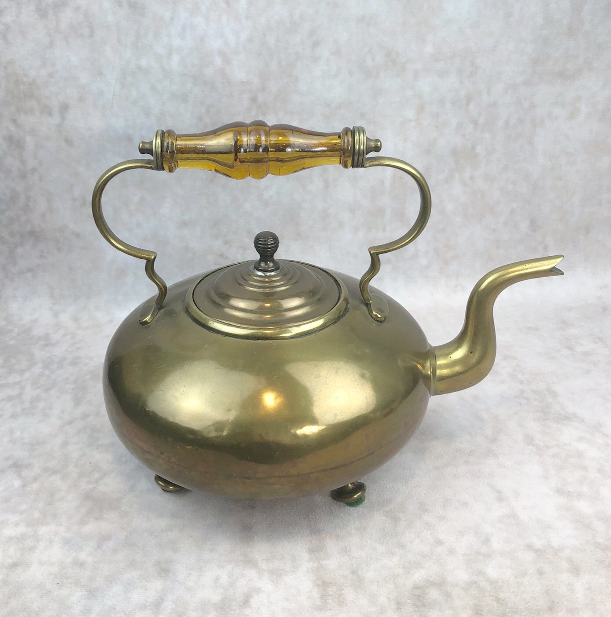 Antique Brass Kettle with Yellow Glass Handle, Footed Teapot, Home Decor