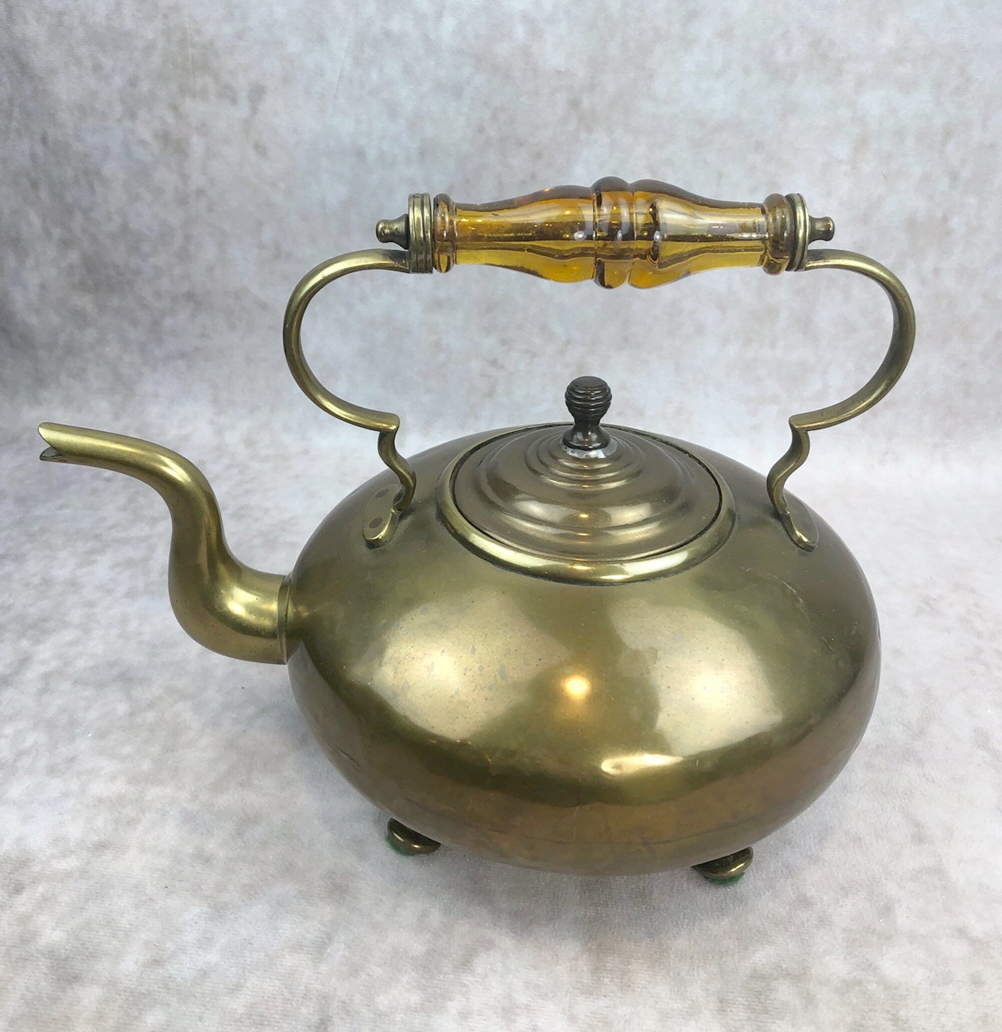 Antique Brass Kettle with Yellow Glass Handle, Footed Teapot, Home Decor