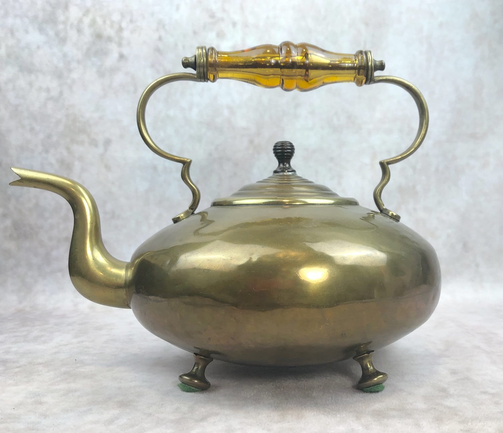 Antique Brass Kettle with Yellow Glass Handle, Footed Teapot, Home Decor