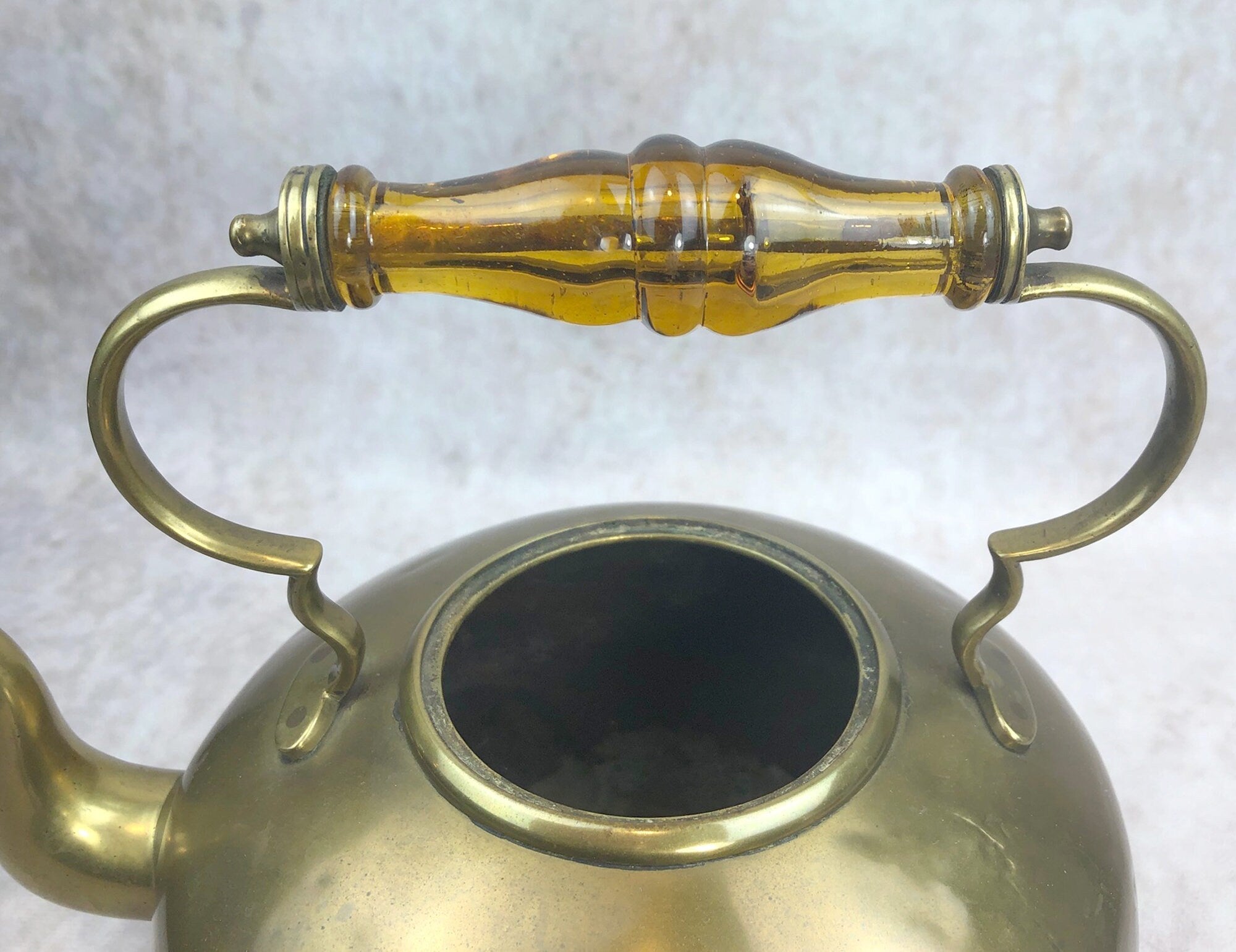 Antique Brass Kettle with Yellow Glass Handle, Footed Teapot, Home Decor