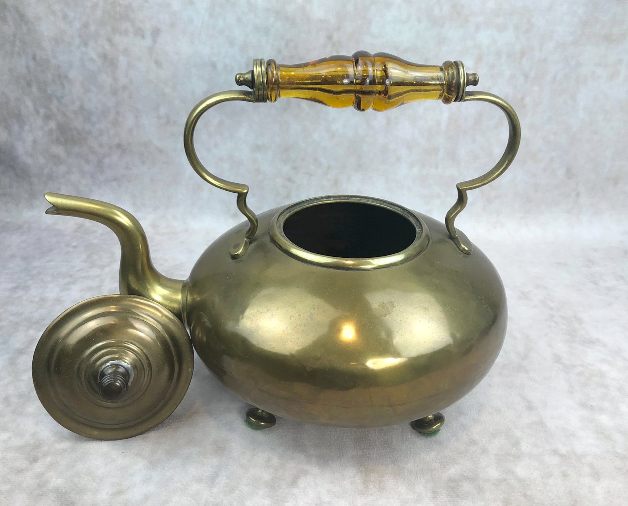 Antique Brass Kettle with Yellow Glass Handle, Footed Teapot, Home Decor