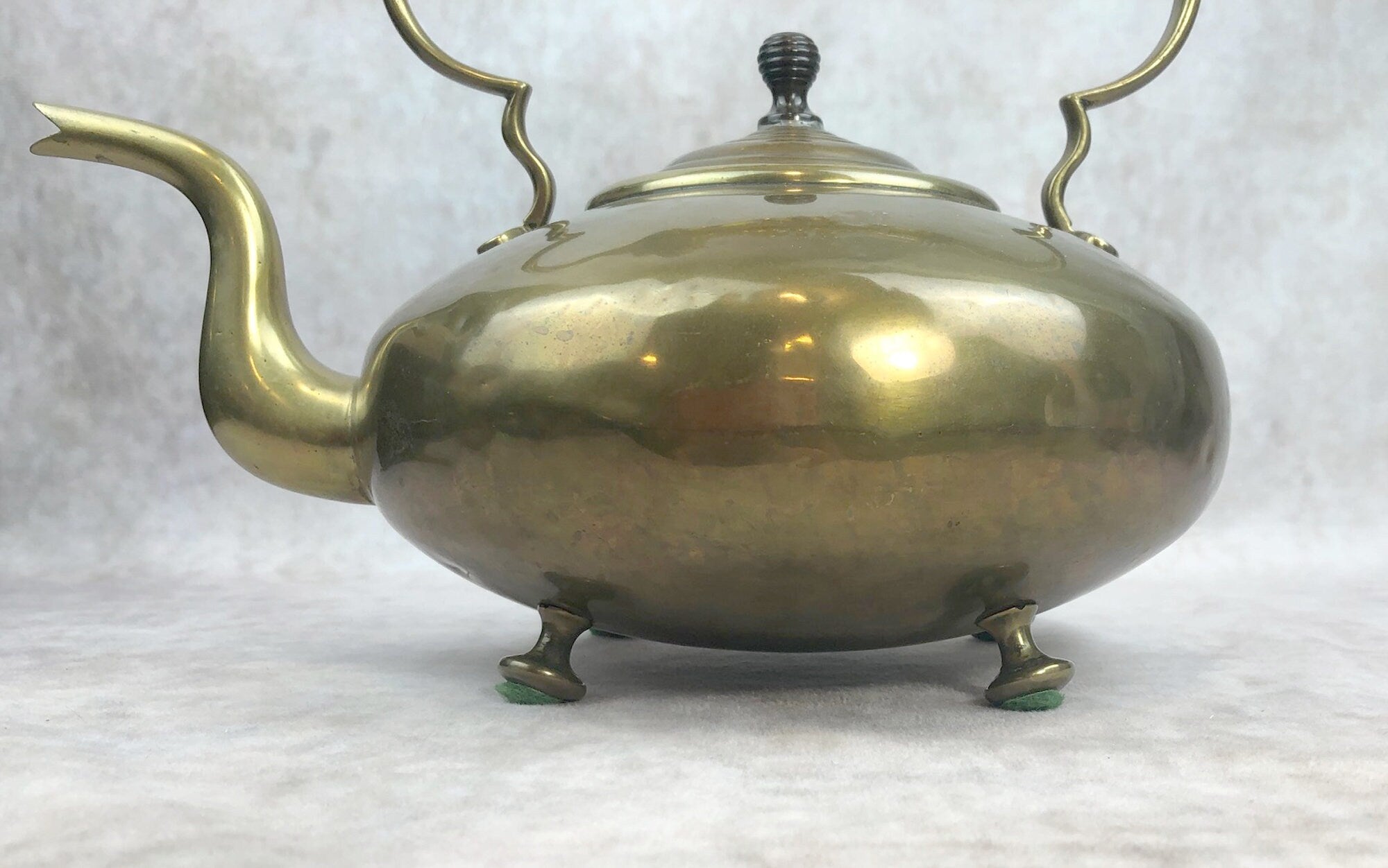 Antique Brass Kettle with Yellow Glass Handle, Footed Teapot, Home Decor