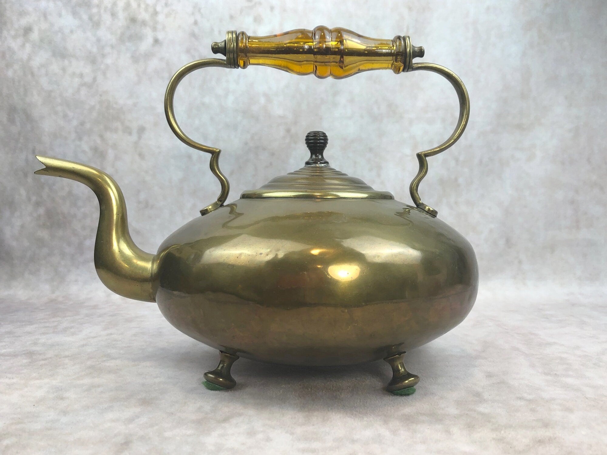 Antique Brass Kettle with Yellow Glass Handle, Footed Teapot, Home Decor