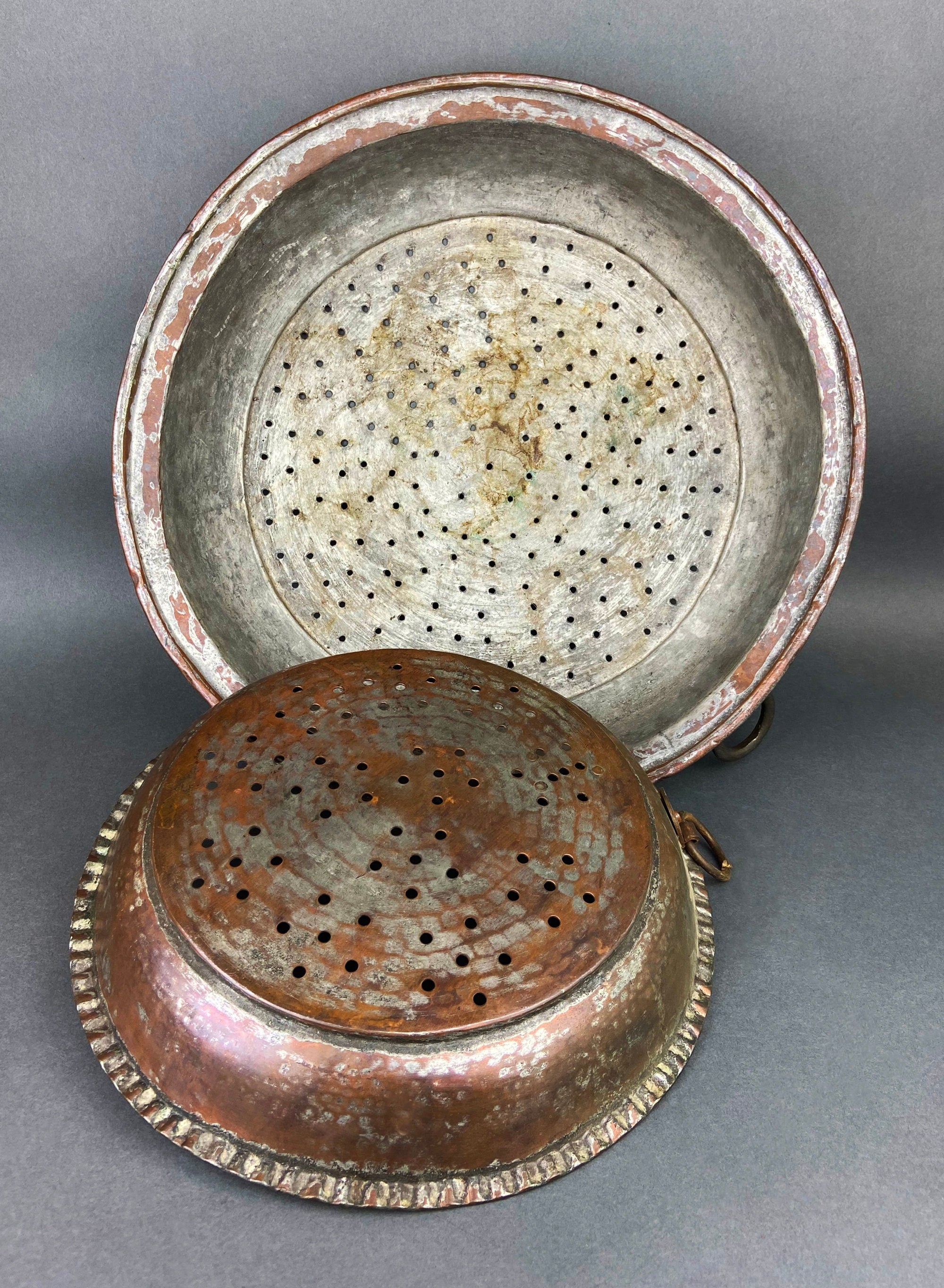 Antique Extra Large Sieves. Rustic Hand Hammered Home Decoration. Set of Two, Large, Primitive Hand Pounded Strainers