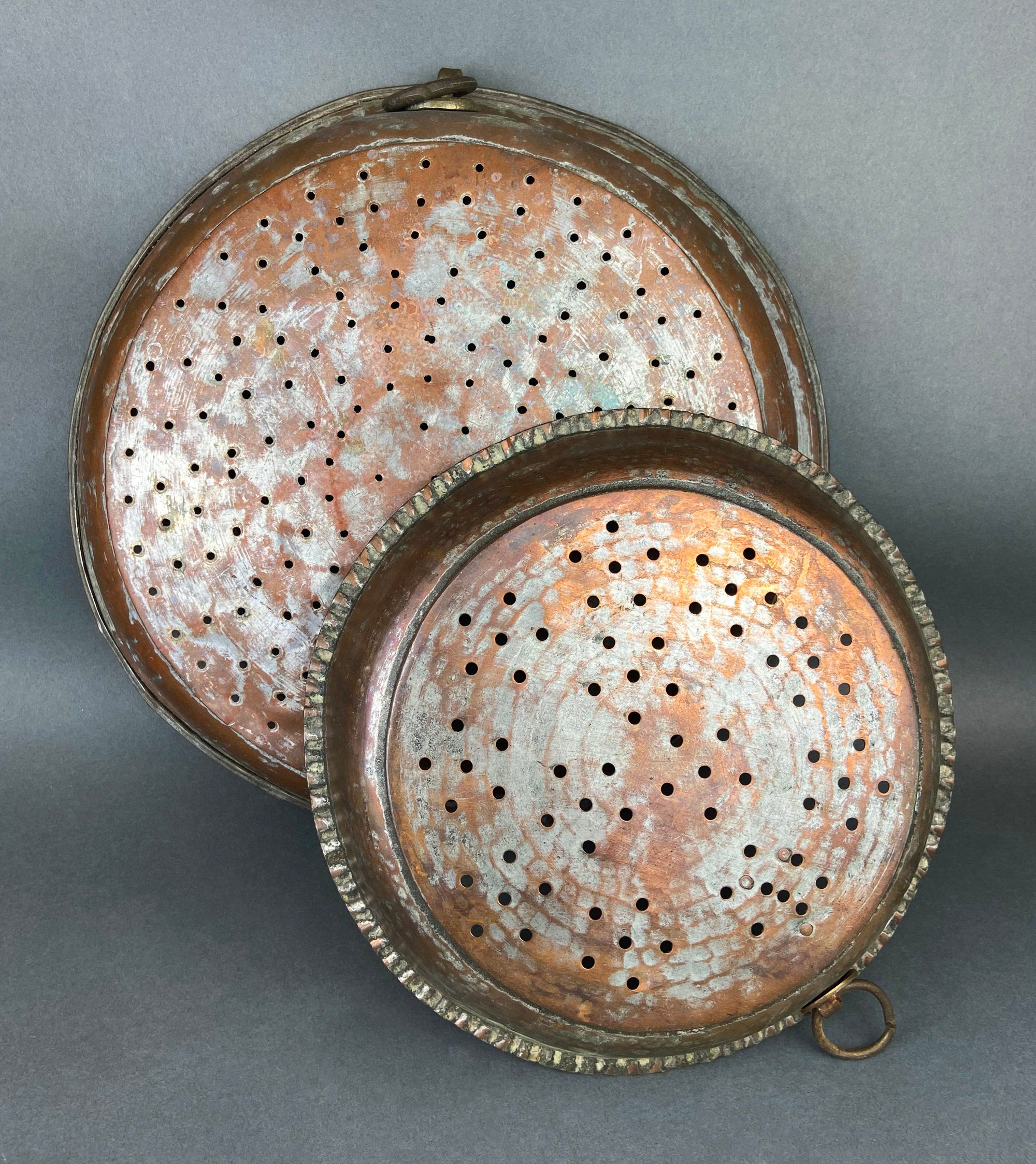 Antique Extra Large Sieves. Rustic Hand Hammered Home Decoration. Set of Two, Large, Primitive Hand Pounded Strainers