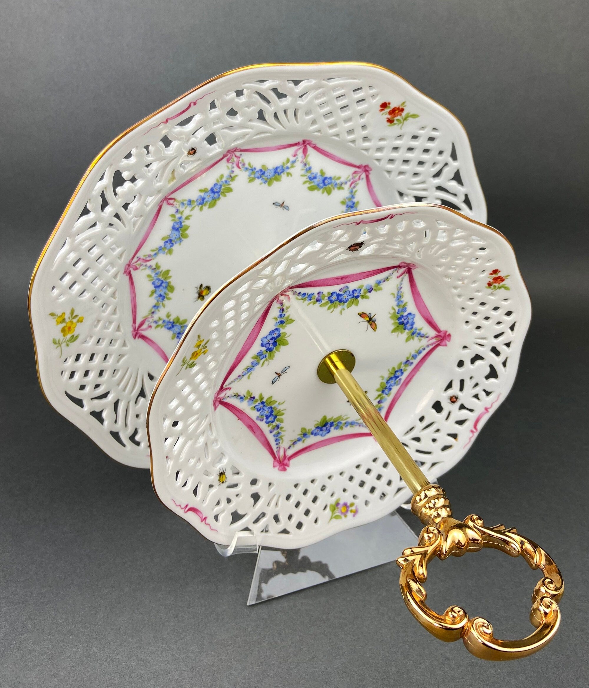 Stunning Antique Hand Painted Porcelain Bowl. Centerpiece Dish with Scalloped Edges. Gold Framework & Flowers. Dining Room Decor.