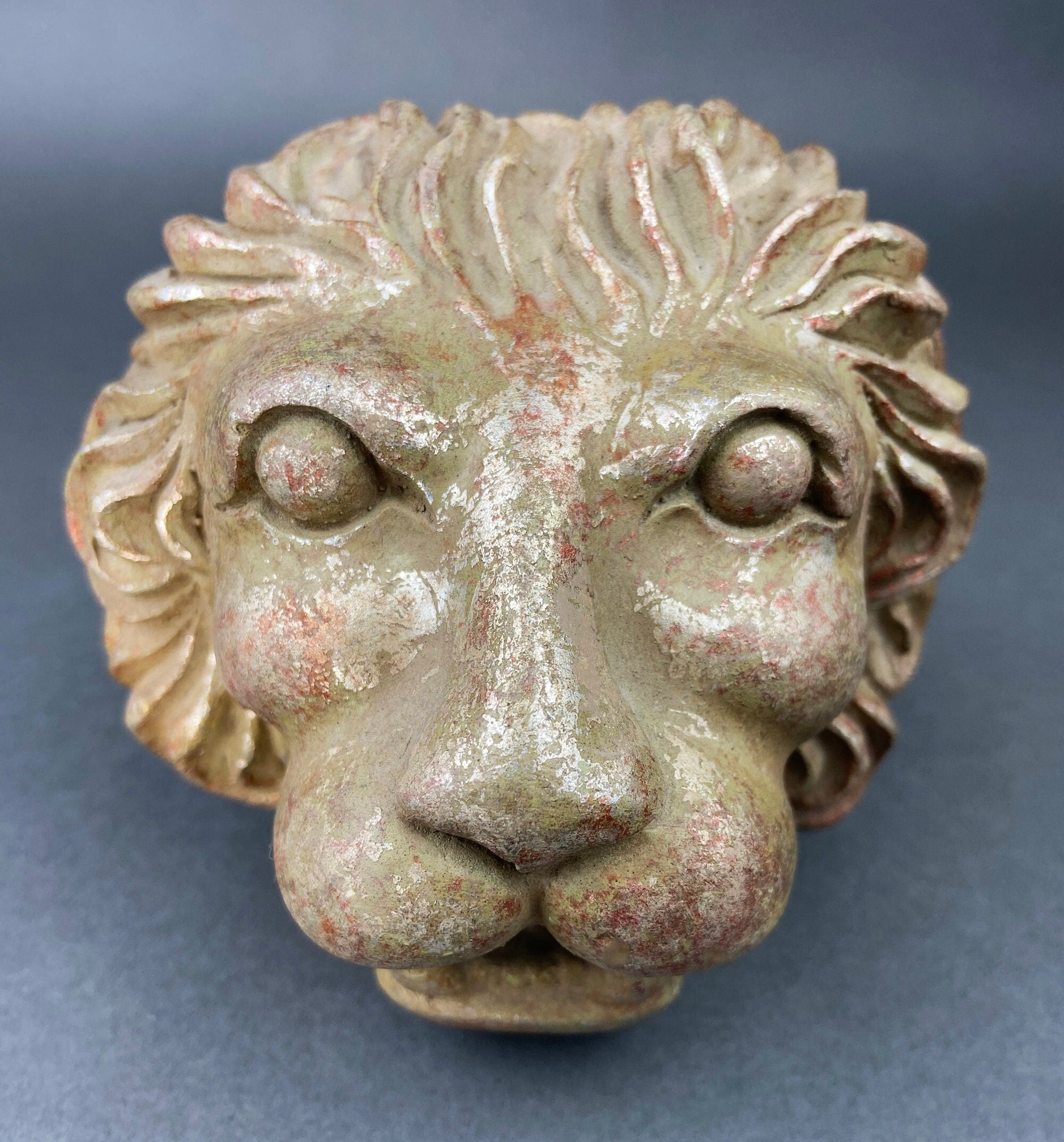 Distressed Gold and Silver Lion Head Sculpture, Office Decor