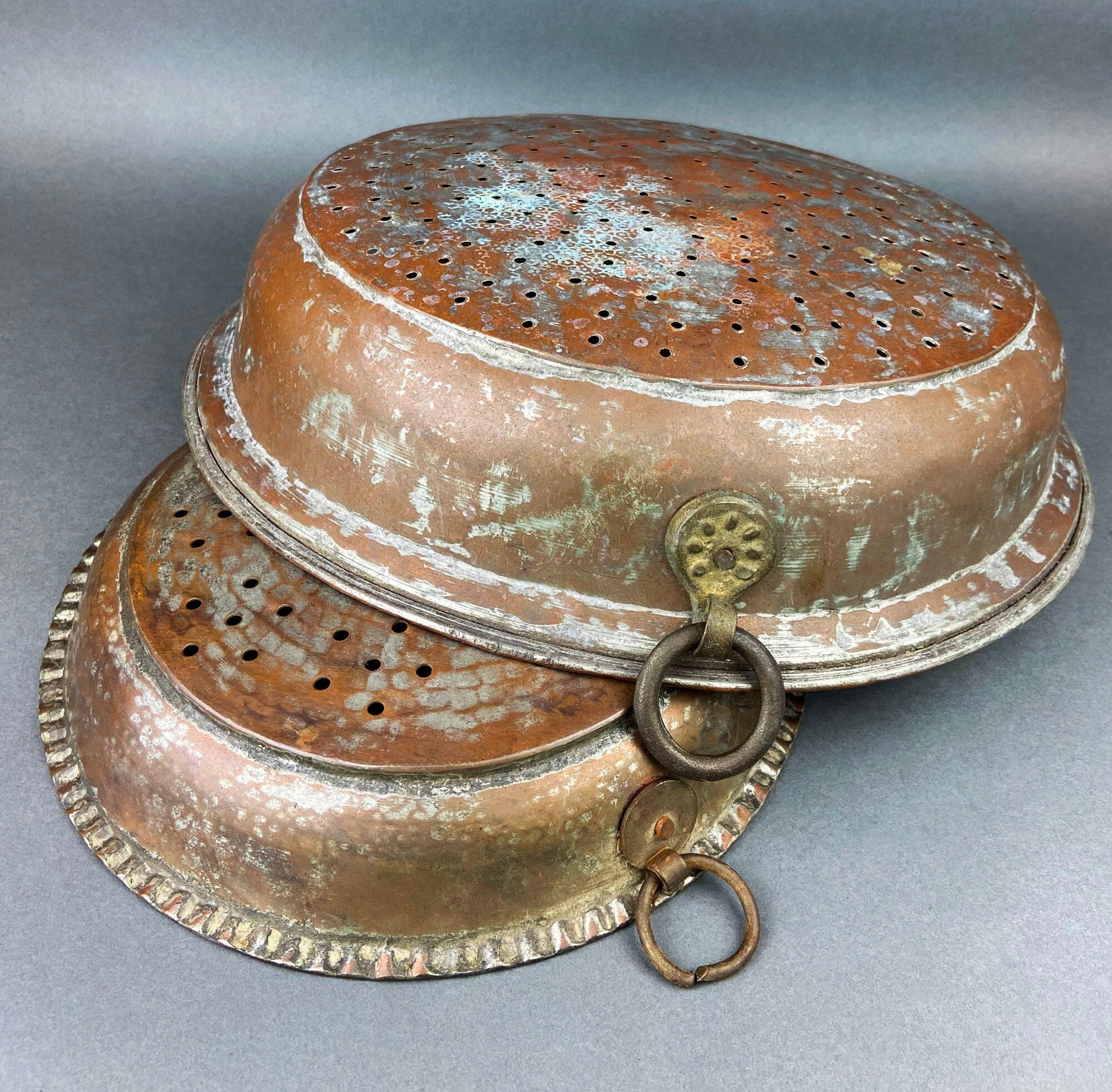 Antique Extra Large Sieves. Rustic Hand Hammered Home Decoration. Set of Two, Large, Primitive Hand Pounded Strainers