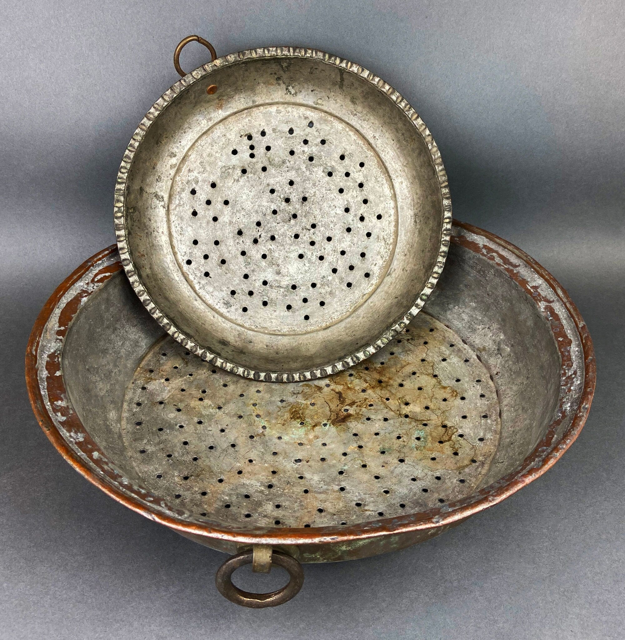 Antique Extra Large Sieves. Rustic Hand Hammered Home Decoration. Set of Two, Large, Primitive Hand Pounded Strainers
