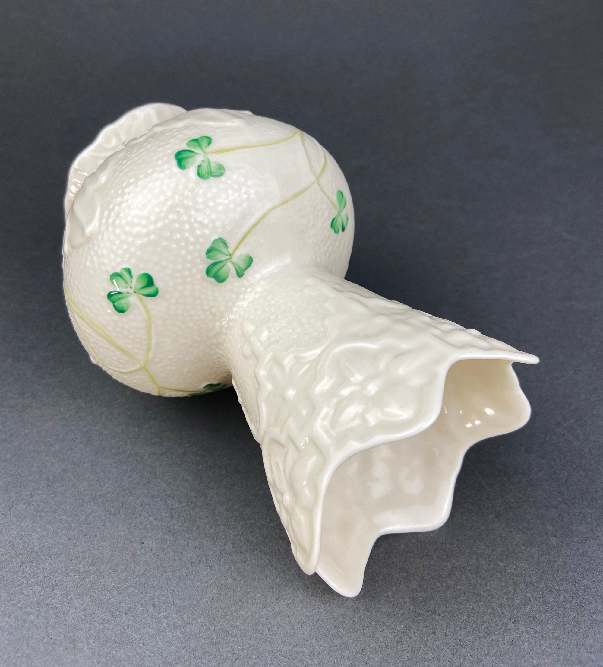 Antique Belleek Porcelain Vase, Cream Shamrock Motif, Scalloped Rim, Ireland