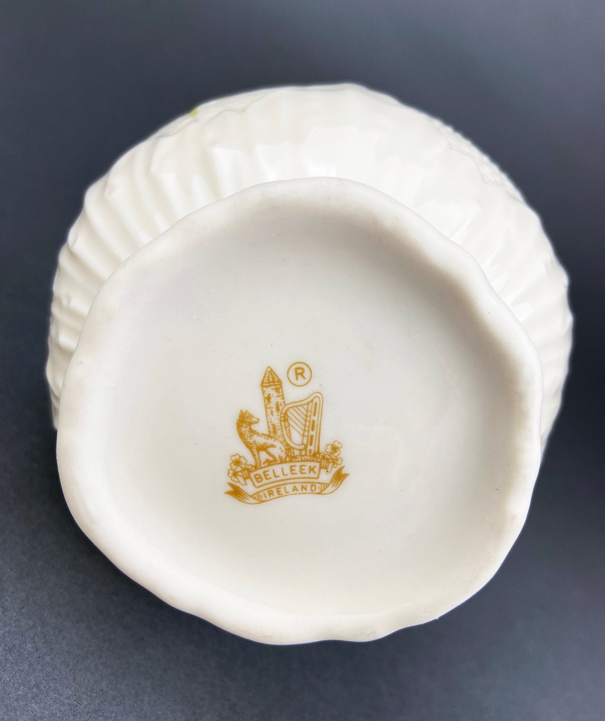 Antique Belleek Porcelain Vase, Cream Shamrock Motif, Scalloped Rim, Ireland