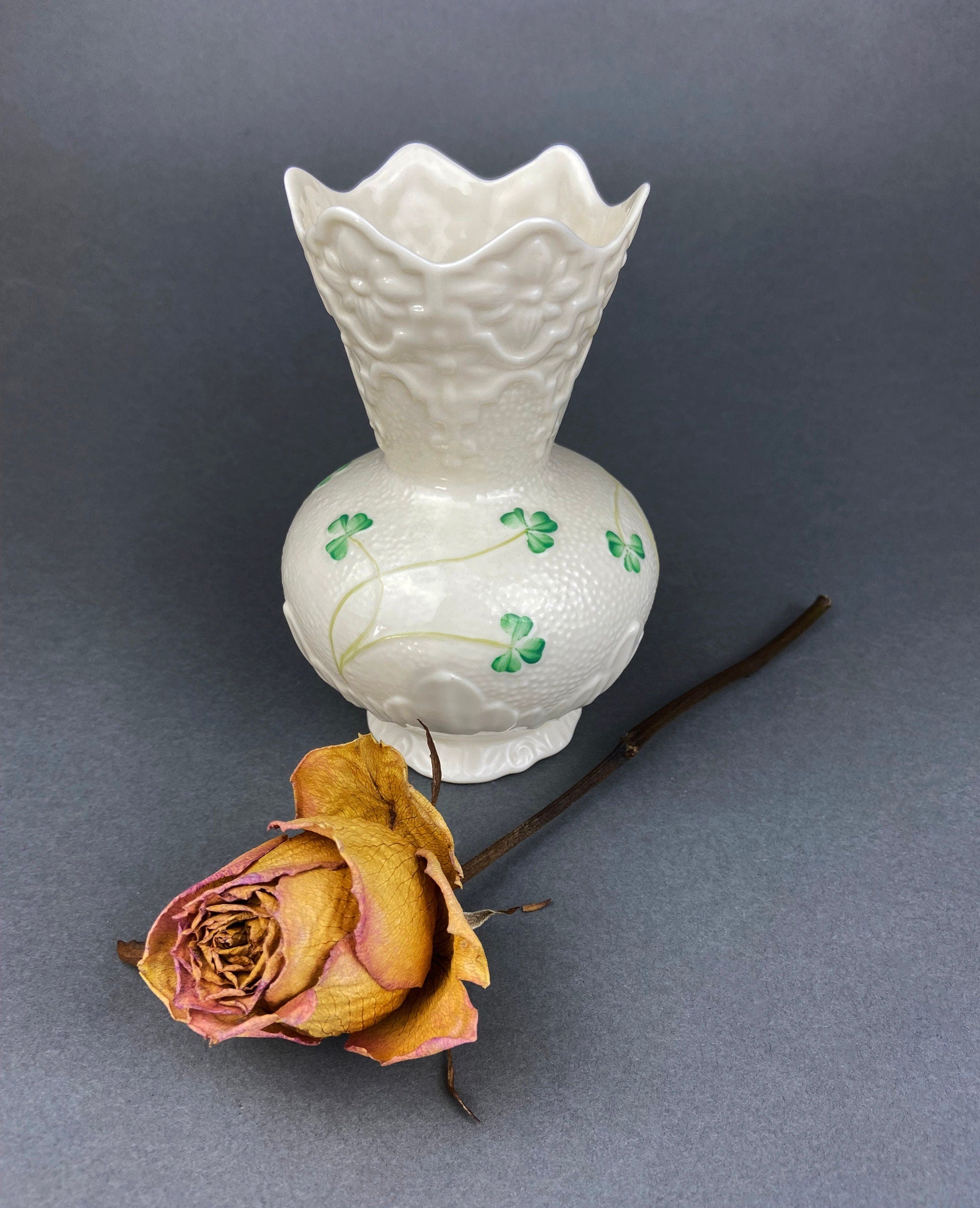 Antique Belleek Porcelain Vase, Cream Shamrock Motif, Scalloped Rim, Ireland