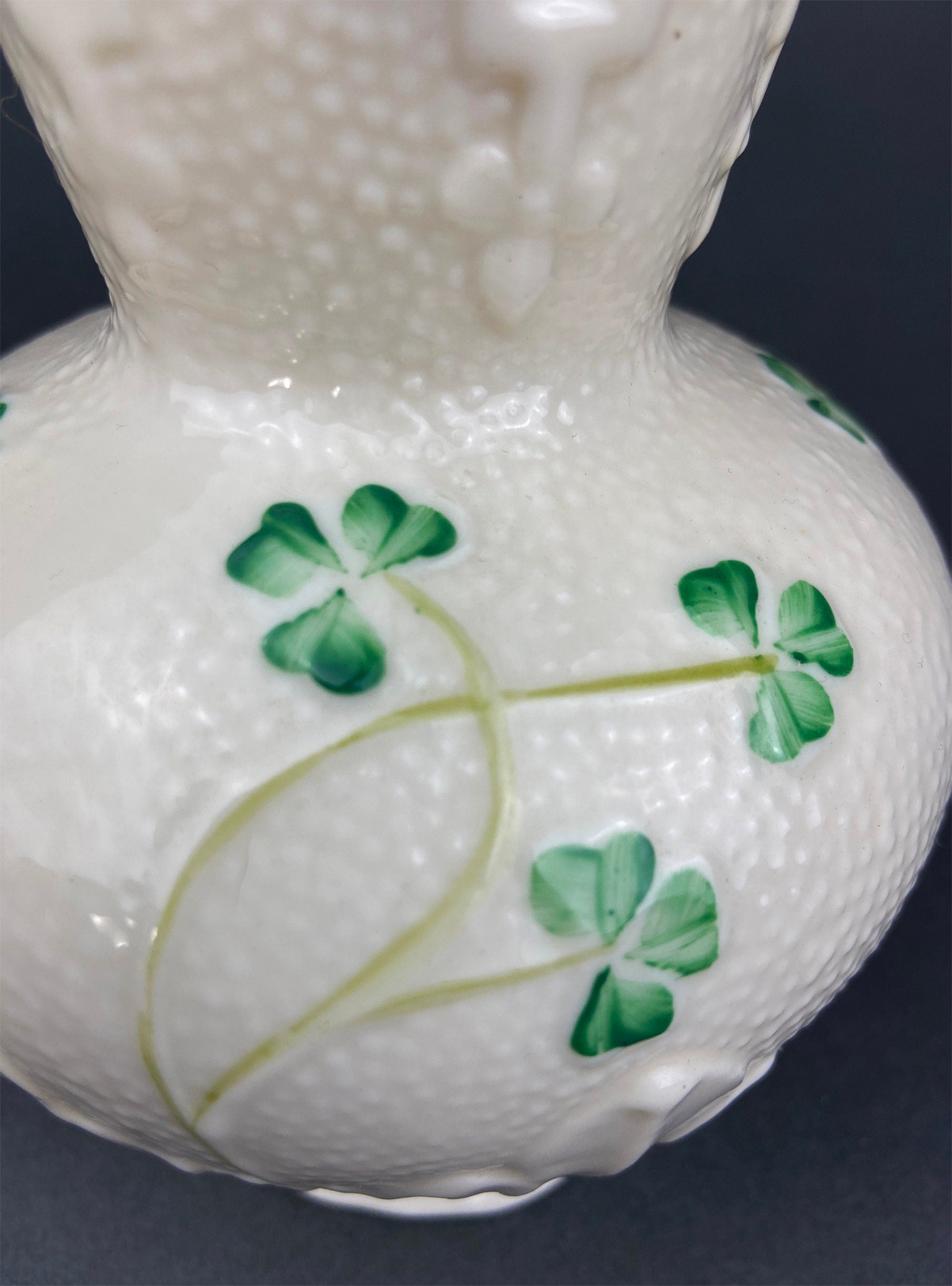 Antique Belleek Porcelain Vase, Cream Shamrock Motif, Scalloped Rim, Ireland