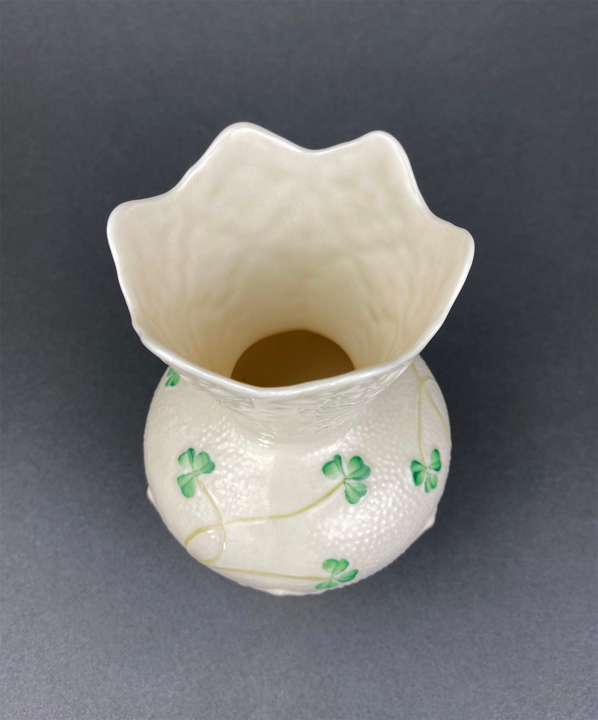 Antique Belleek Porcelain Vase, Cream Shamrock Motif, Scalloped Rim, Ireland
