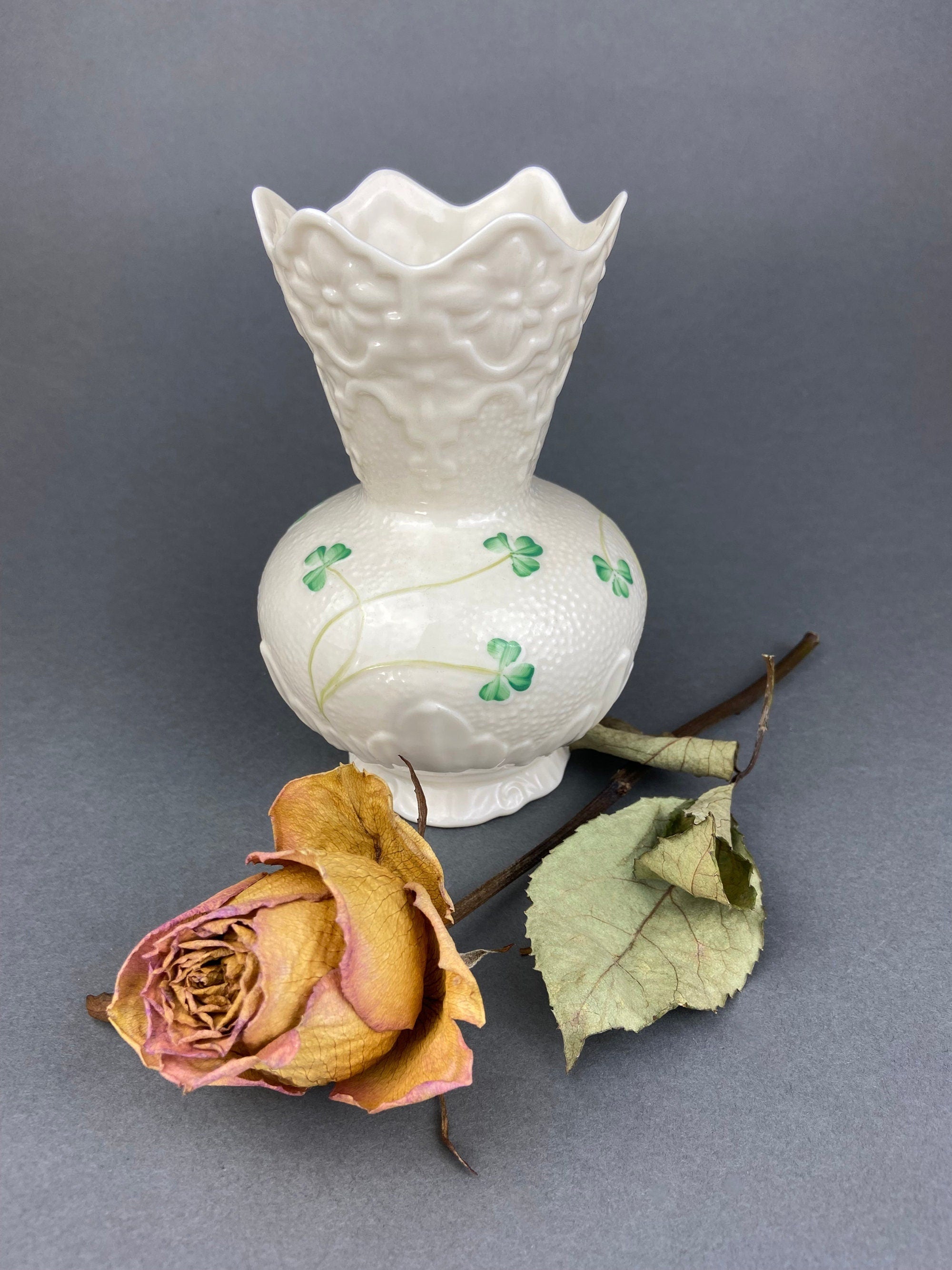 Antique Belleek Porcelain Vase, Cream Shamrock Motif, Scalloped Rim, Ireland