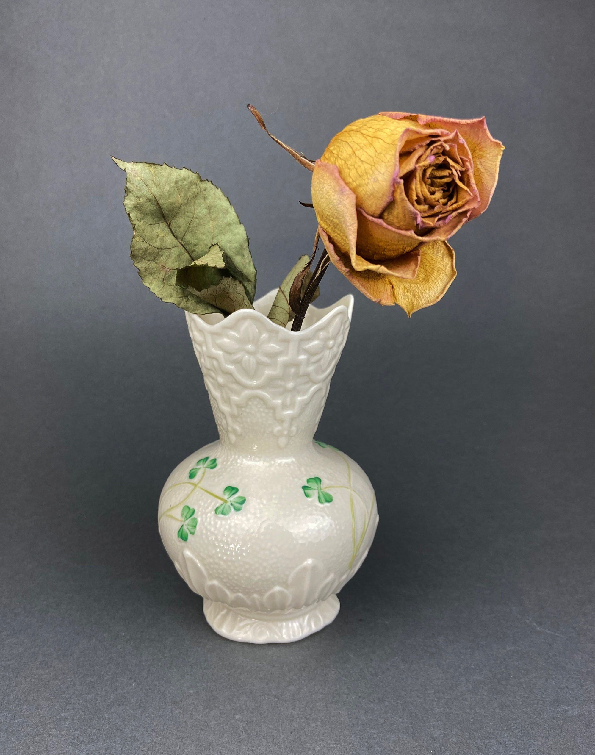 Antique Belleek Porcelain Vase, Cream Shamrock Motif, Scalloped Rim, Ireland